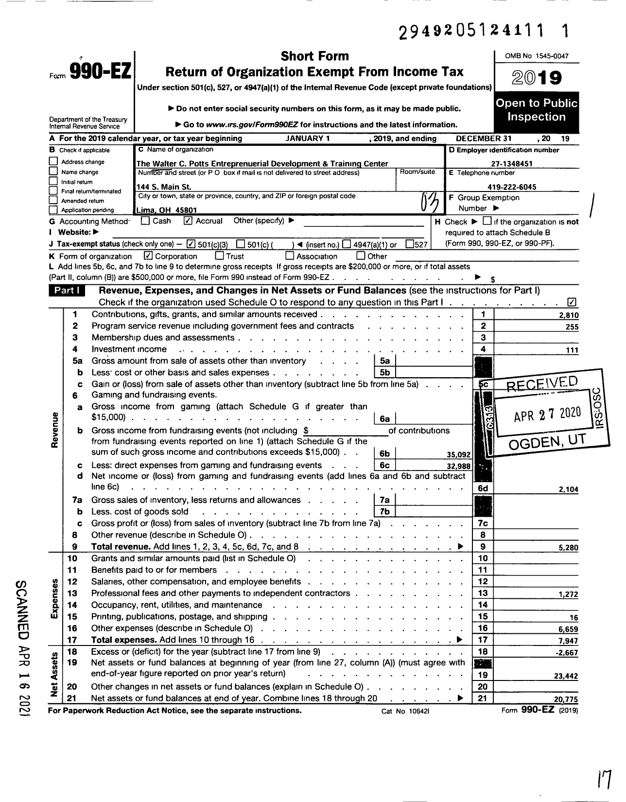 Image of first page of 2019 Form 990EZ for Walter C Potts Entrepreneurial Development and Training Center