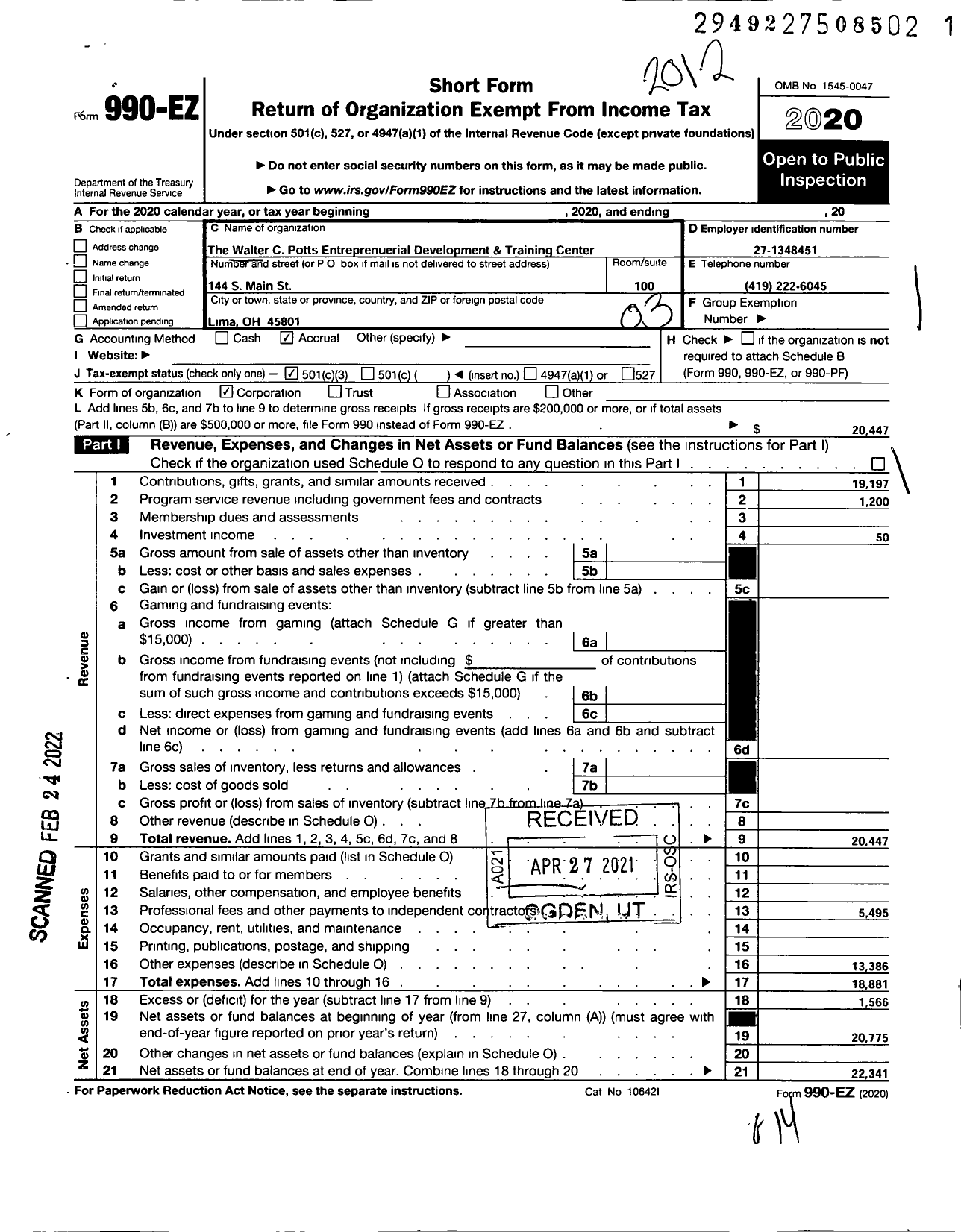 Image of first page of 2020 Form 990EZ for Walter C Potts Entrepreneurial Development and Training Center