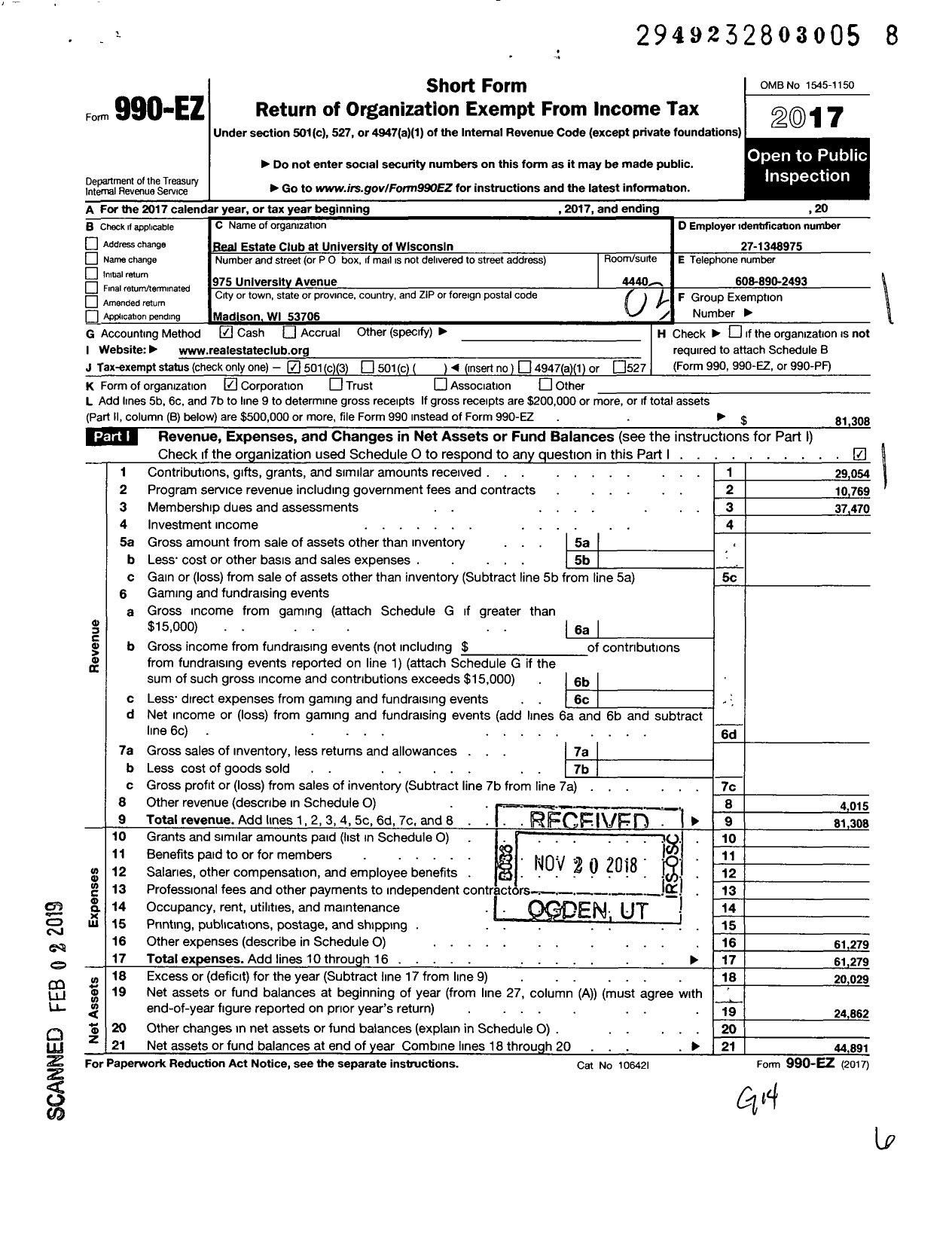 Image of first page of 2017 Form 990EZ for Real Estate Club at University of Wisconsin