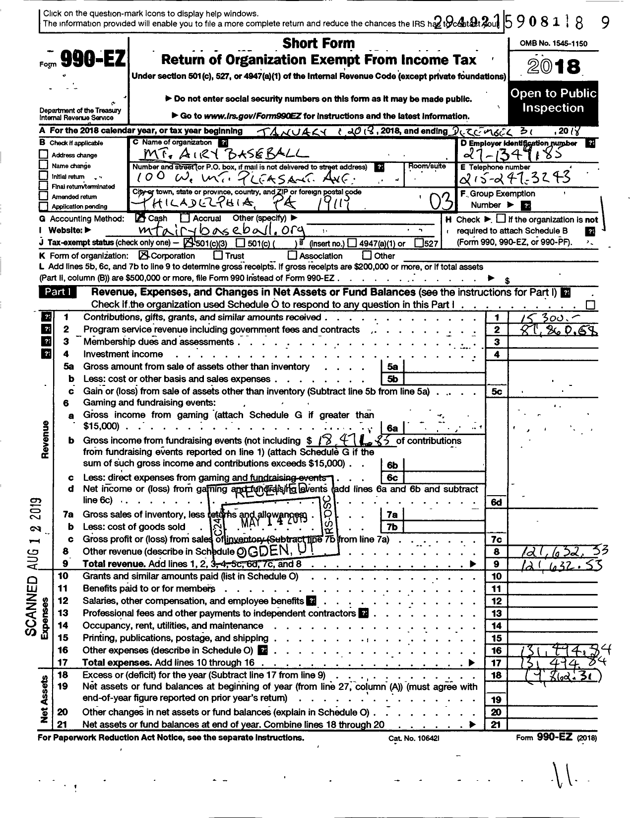 Image of first page of 2018 Form 990EZ for Mount Airy Baseball