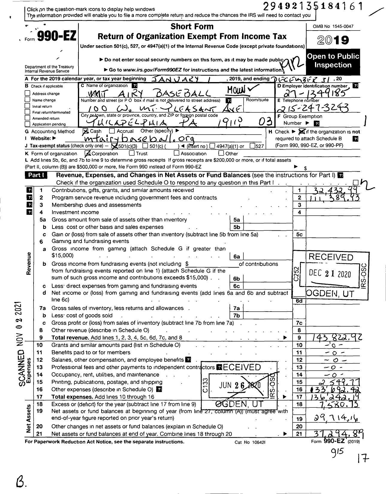 Image of first page of 2019 Form 990EZ for Mount Airy Baseball