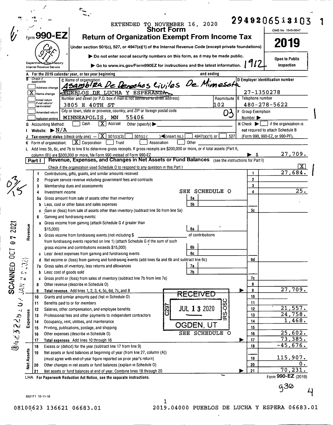 Image of first page of 2019 Form 990EZ for Pueblos de Lucha Y Esperanza Minnesota