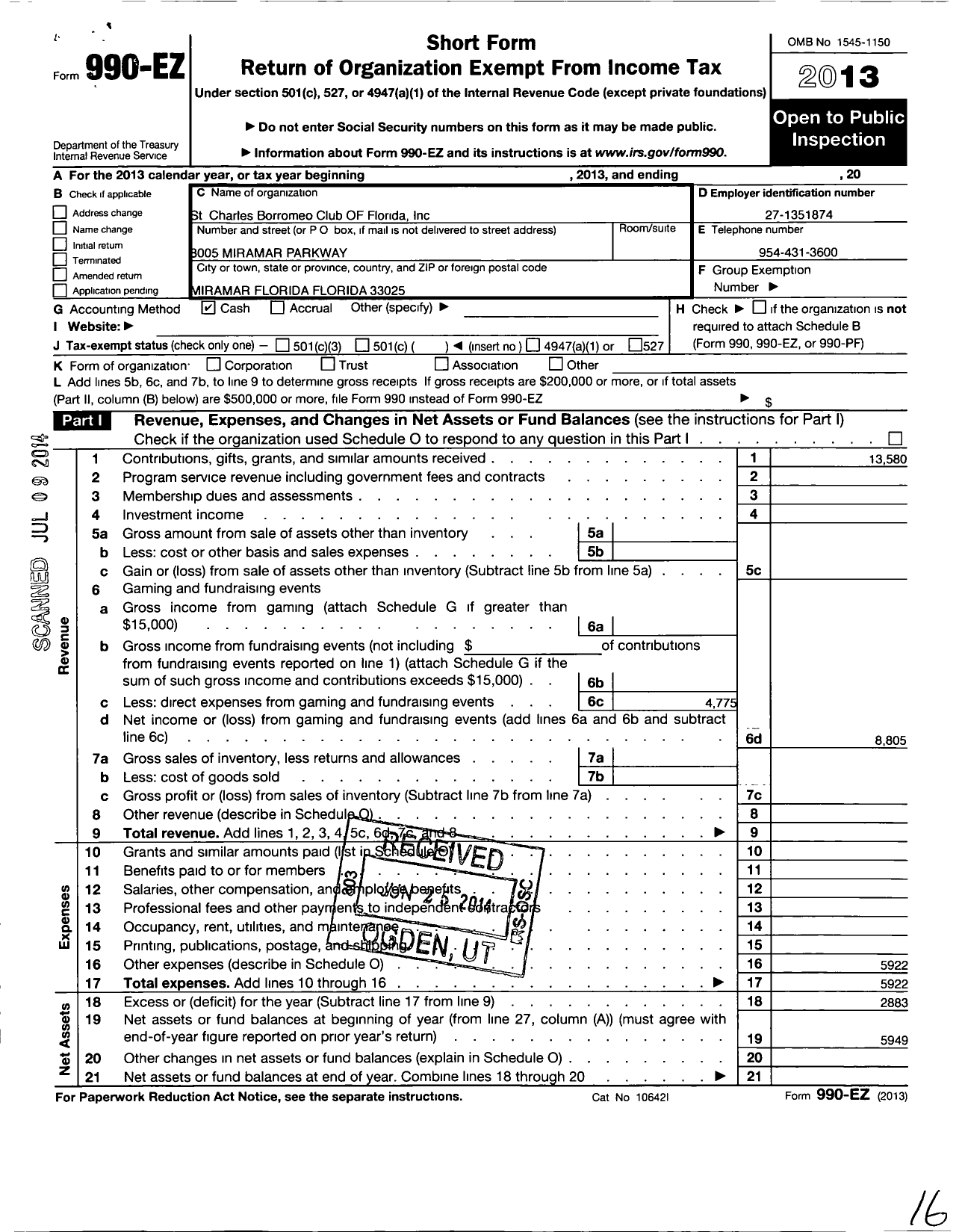 Image of first page of 2013 Form 990EO for St Charles Borromeo Club of Florida