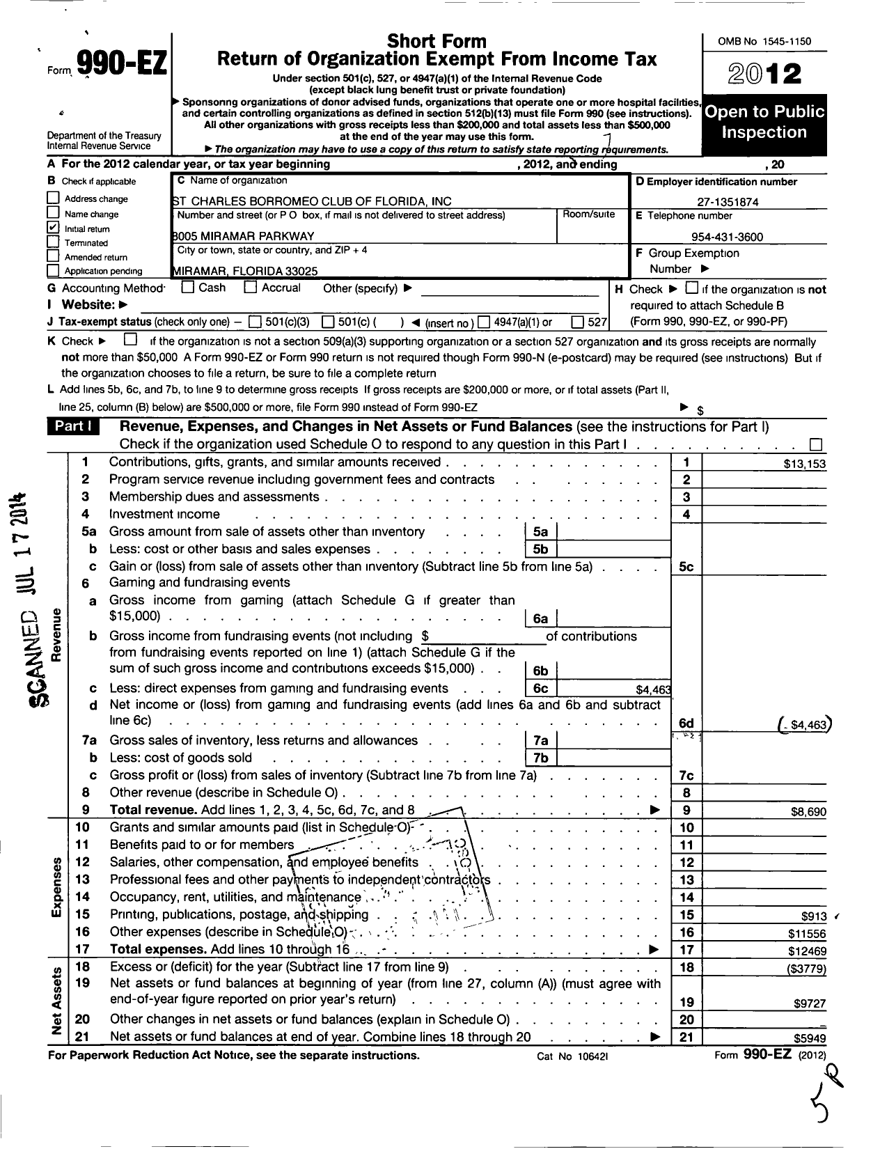 Image of first page of 2012 Form 990EO for St Charles Borromeo Club of Florida