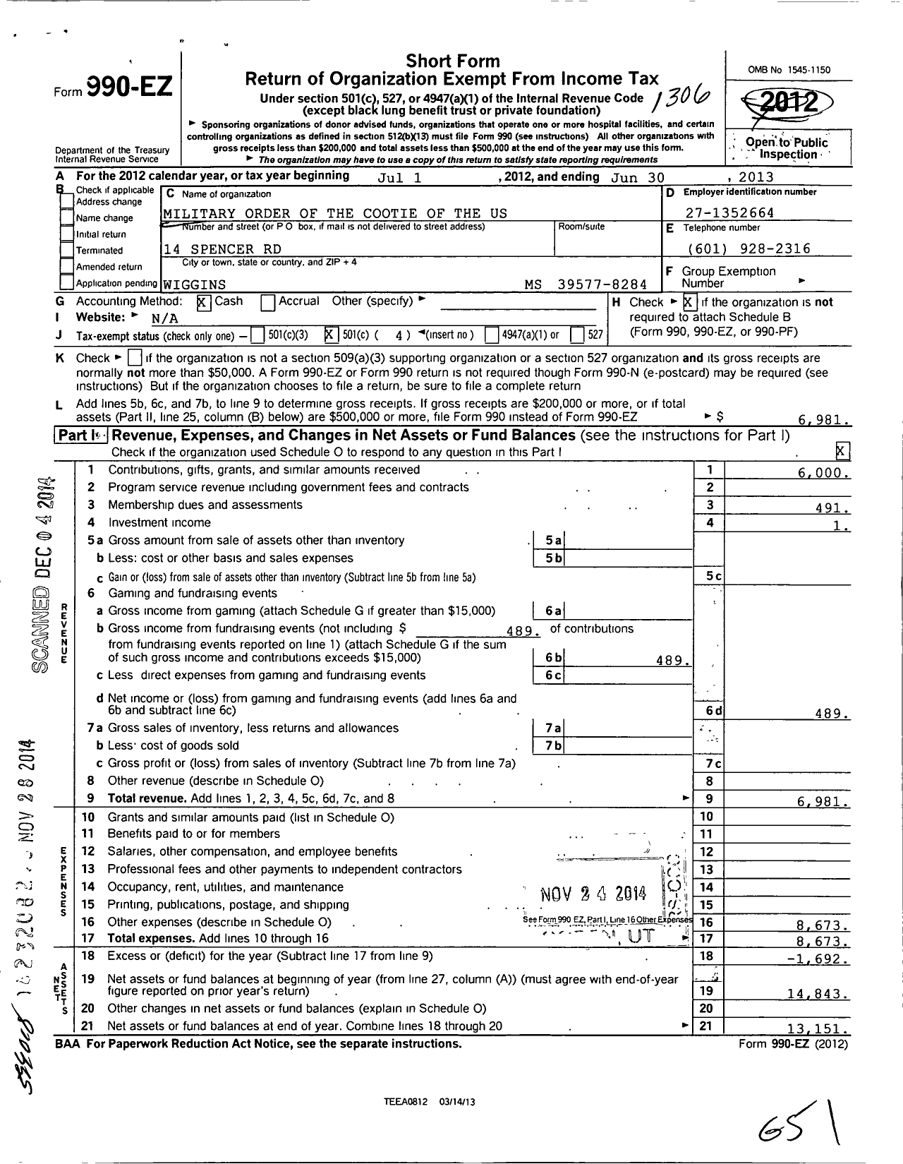 Image of first page of 2012 Form 990EO for Military Order of the Cootie of the United States - 7 Hub Bugs Auxiliary