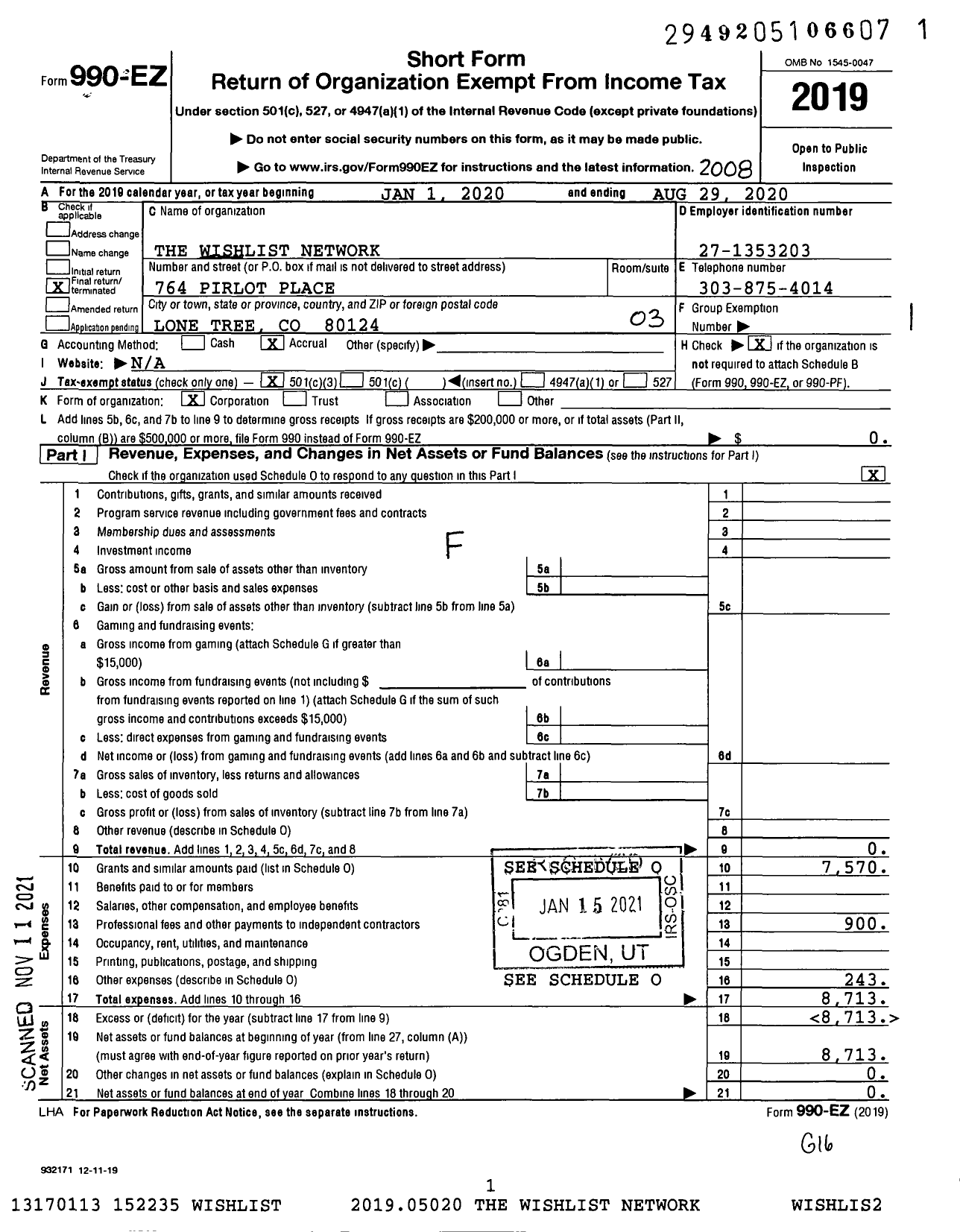 Image of first page of 2019 Form 990EZ for The Wishlist Network