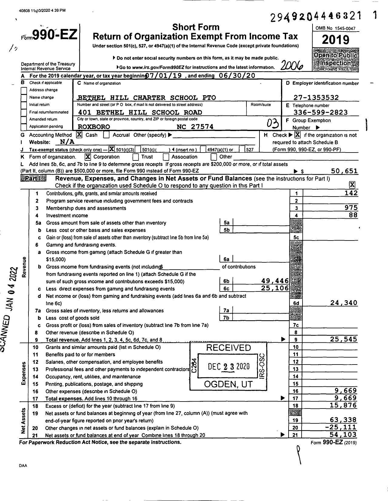 Image of first page of 2019 Form 990EZ for Pto Bethel Hill Charter School