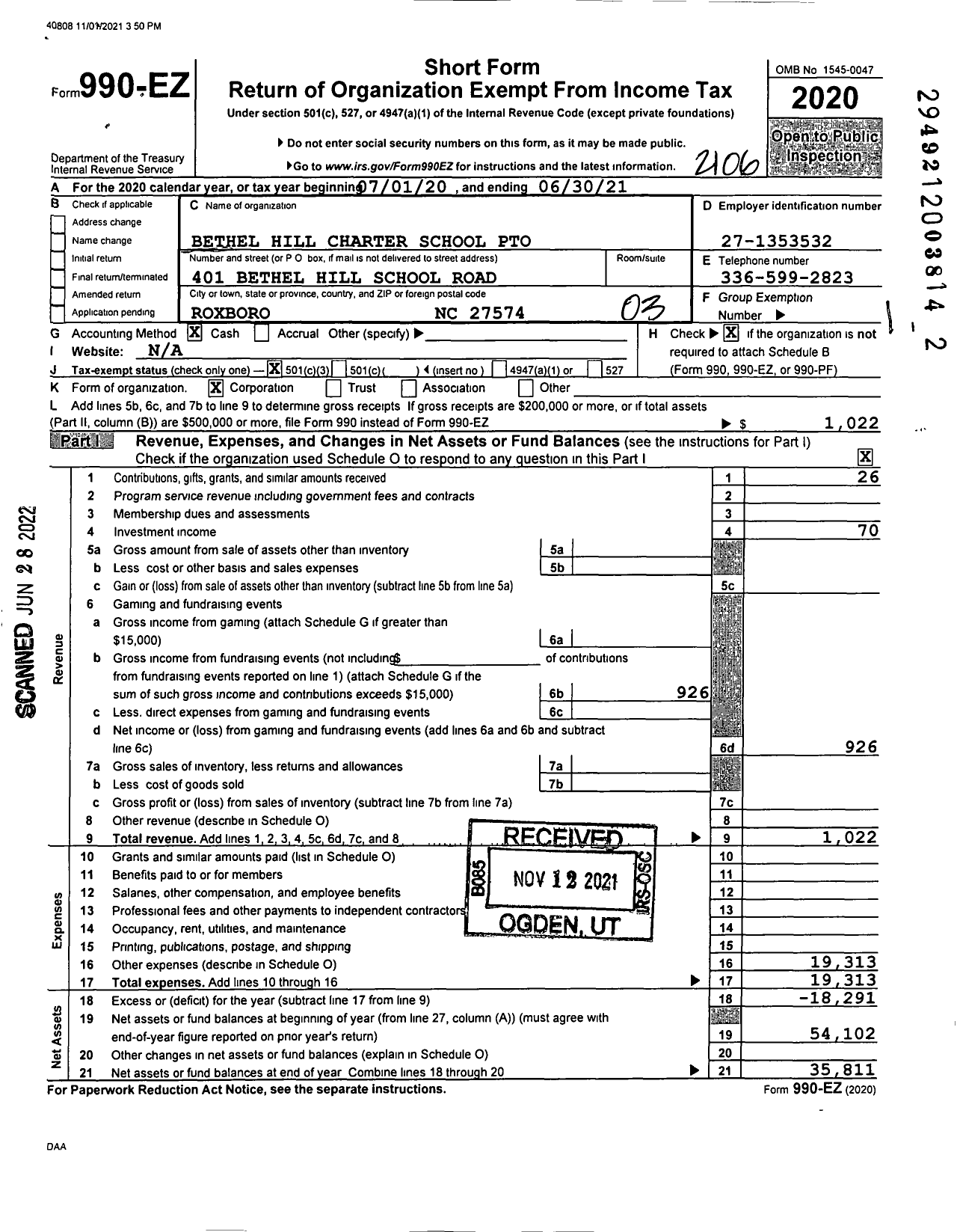 Image of first page of 2020 Form 990EZ for Bethel Hill Charter School Parent Teacher Organization