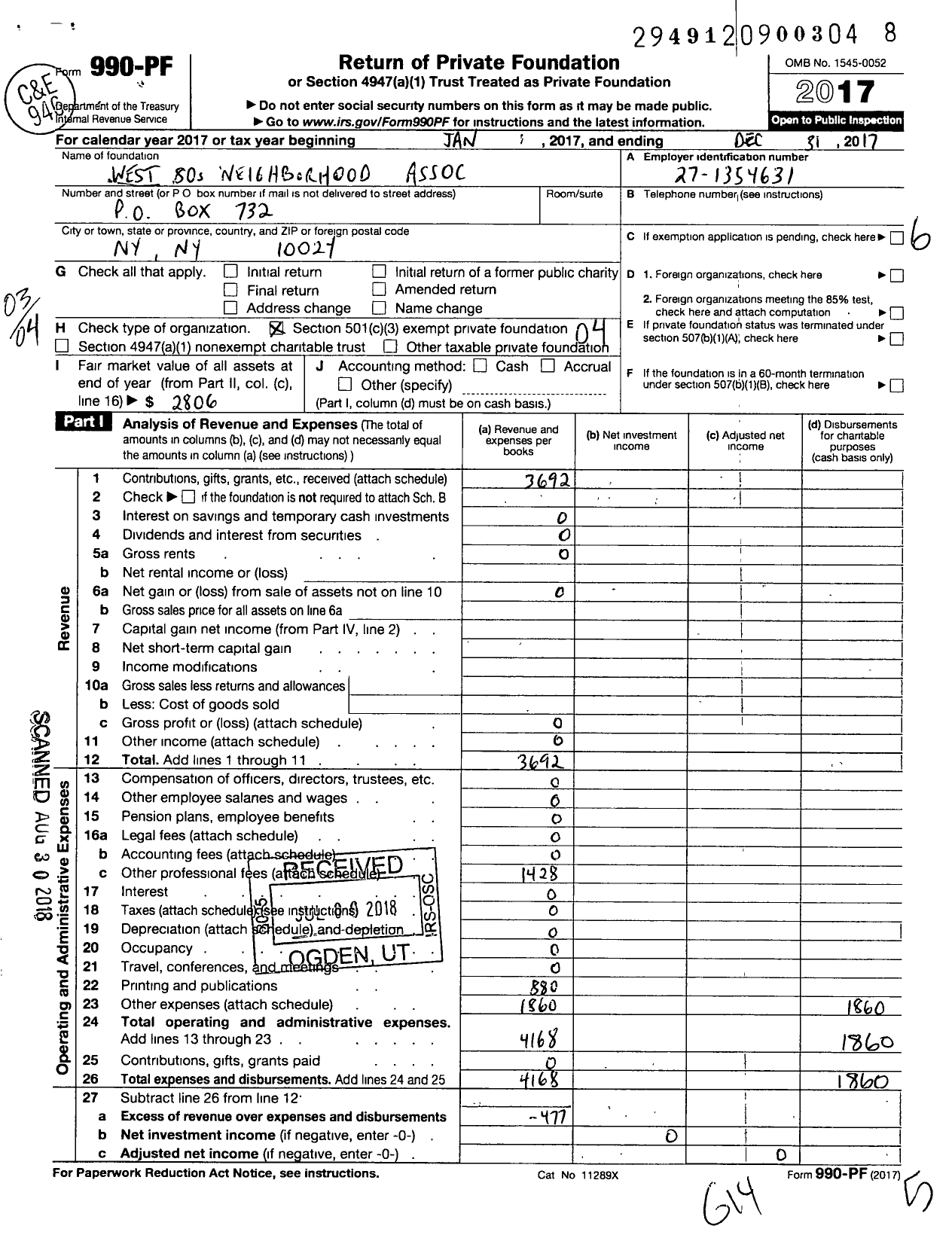 Image of first page of 2017 Form 990PF for West 80s Neighborhood Association