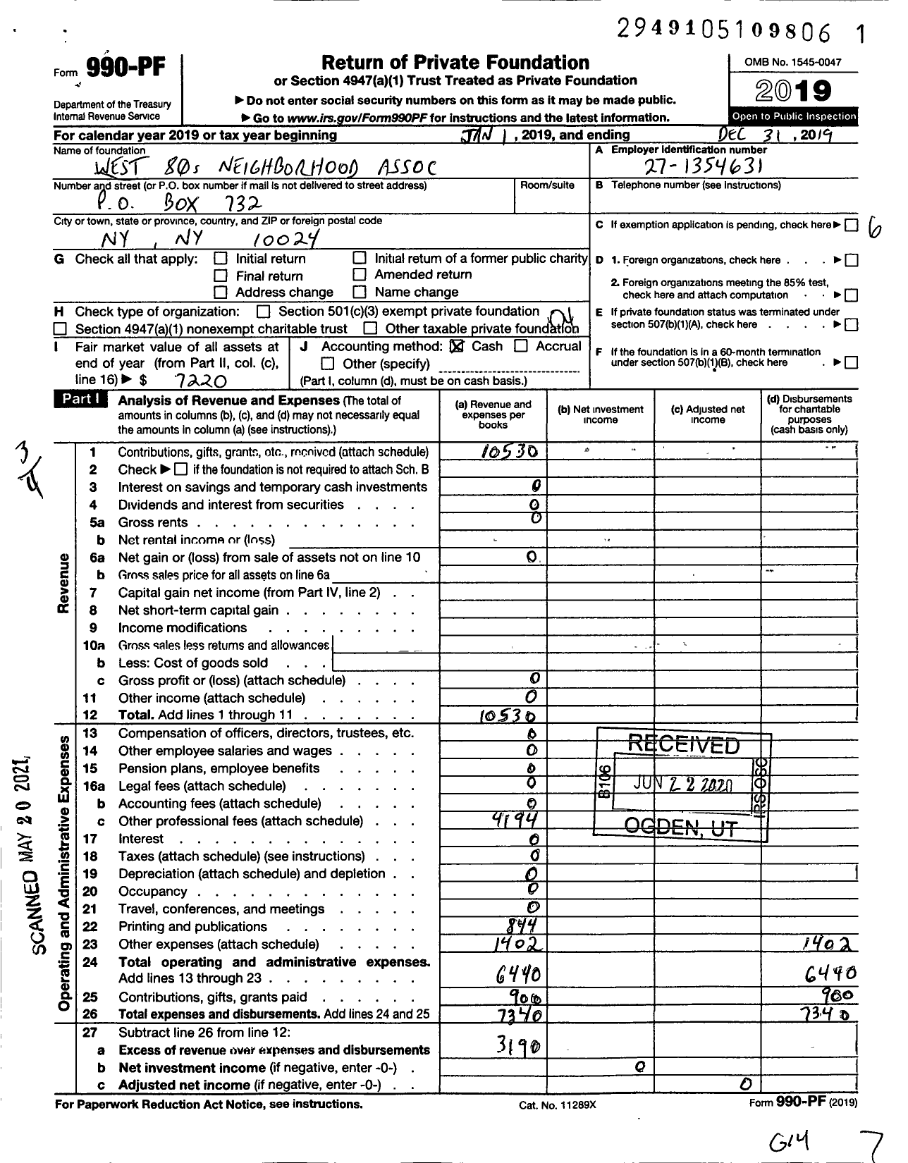 Image of first page of 2019 Form 990PF for West 80s Neighborhood Association