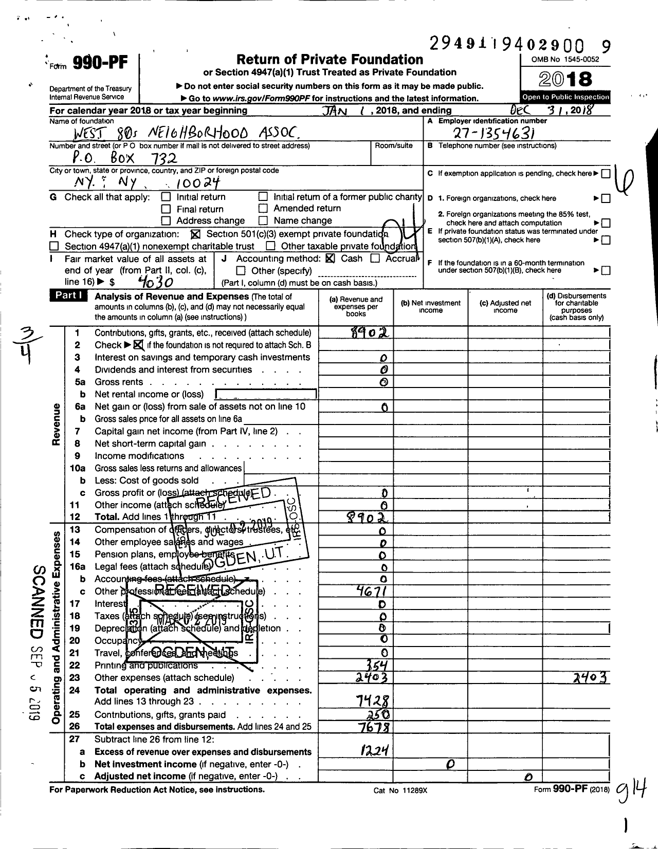 Image of first page of 2018 Form 990PF for West 80s Neighborhood Association