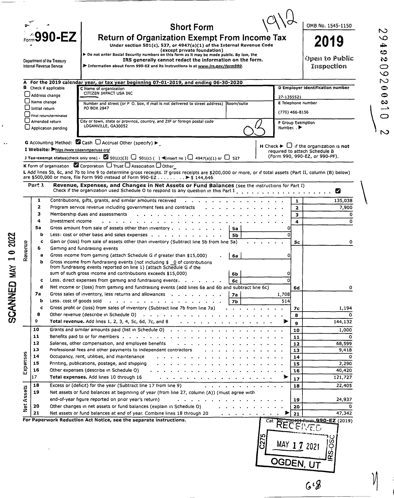 Image of first page of 2019 Form 990EZ for Citizen Impact USA