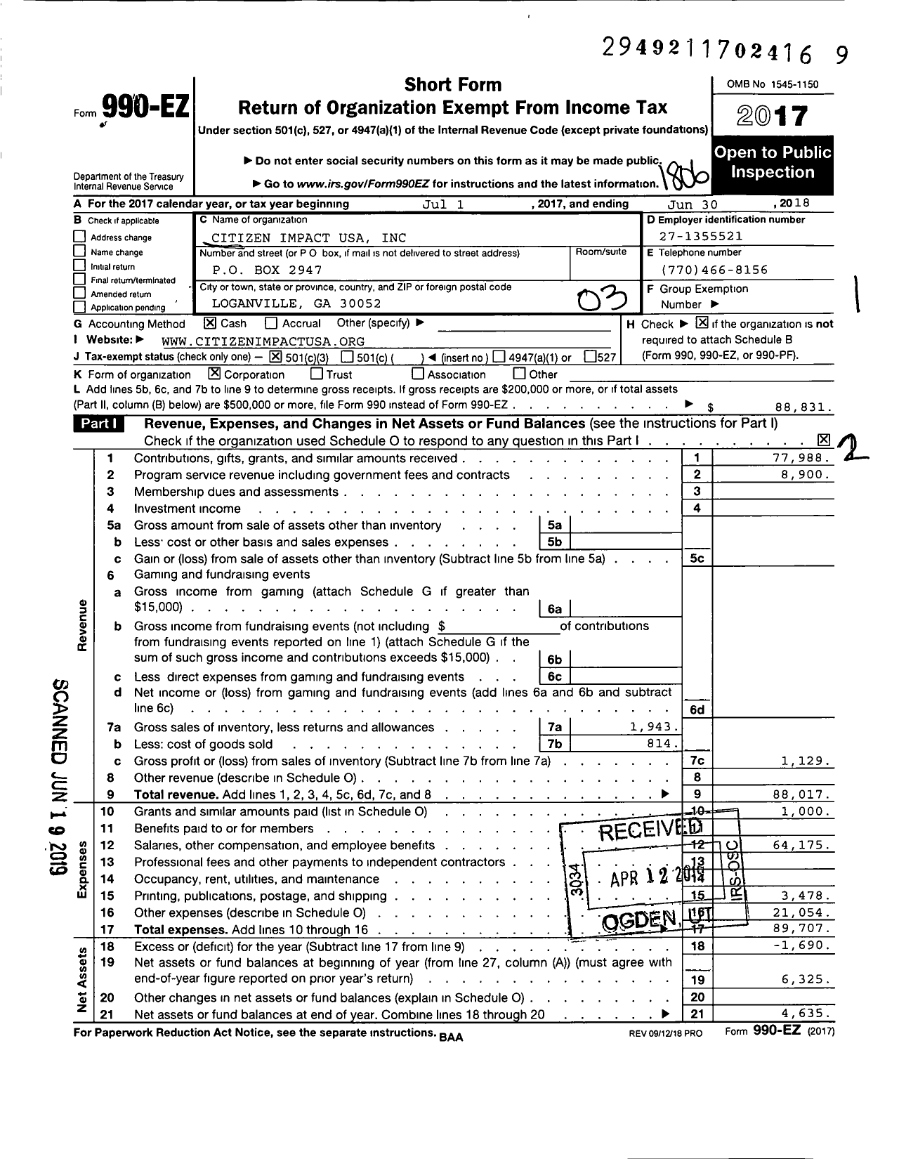 Image of first page of 2017 Form 990EZ for Citizen Impact USA