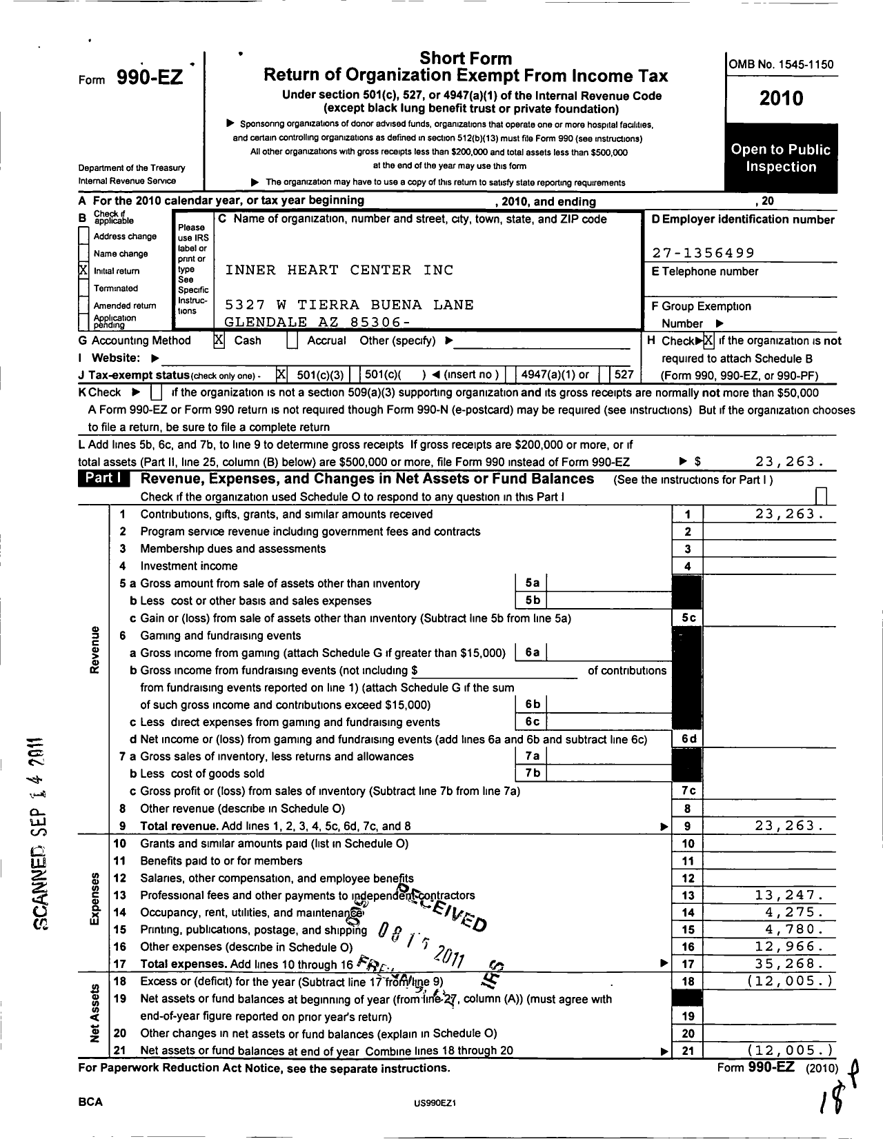 Image of first page of 2010 Form 990EZ for Inner Heart Center