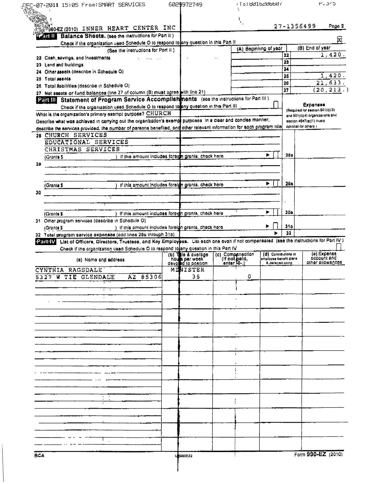 Image of first page of 2010 Form 990ER for Inner Heart Center