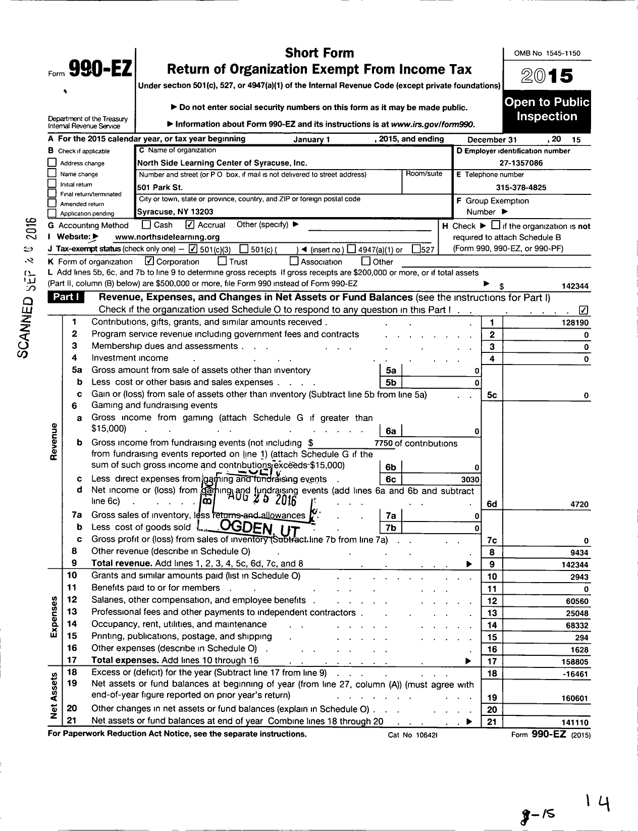 Image of first page of 2015 Form 990EZ for North Side Learning Center of Syracuse