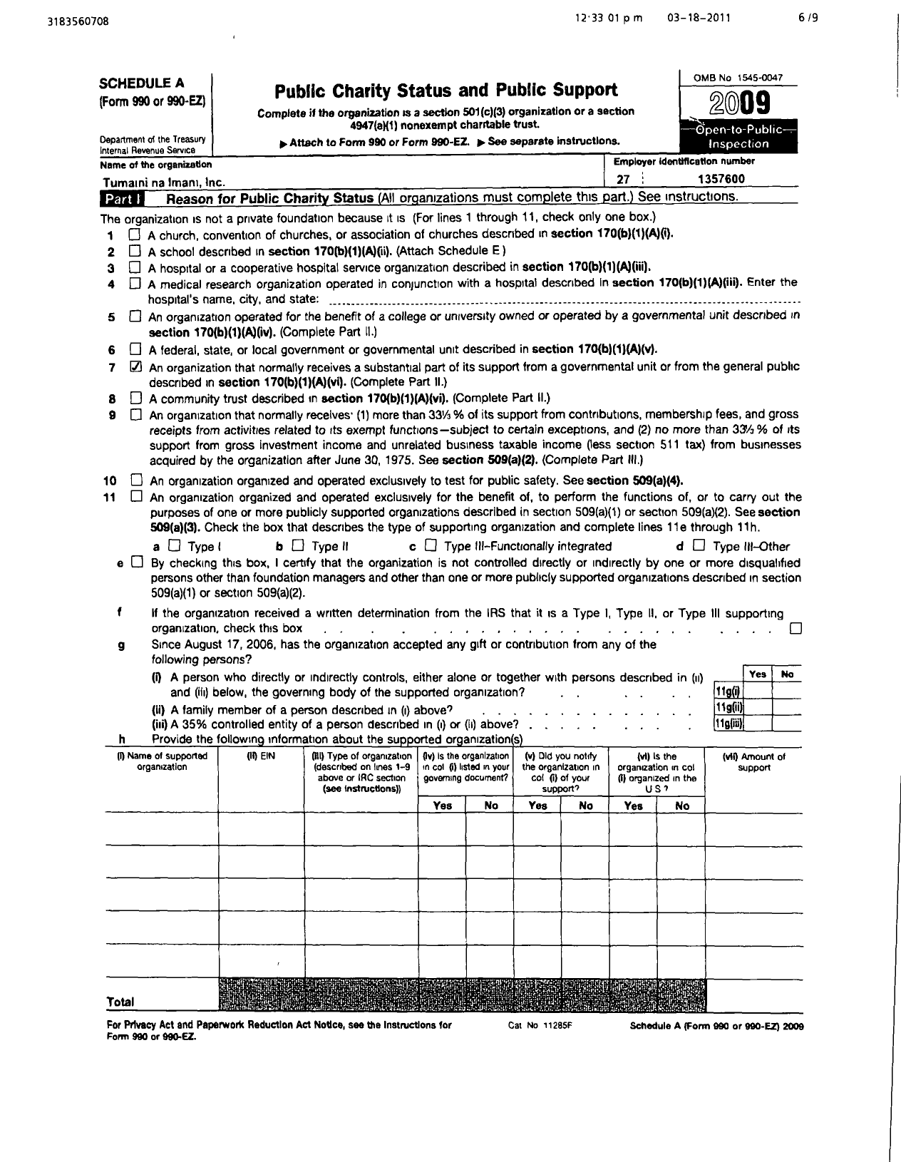 Image of first page of 2009 Form 990ER for Tumaini Na Imani