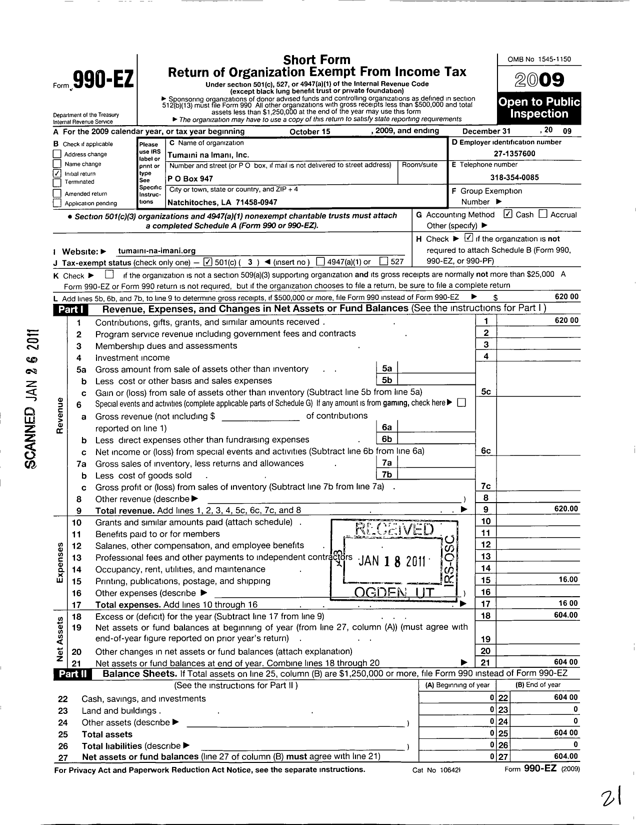 Image of first page of 2009 Form 990EZ for Tumaini Na Imani