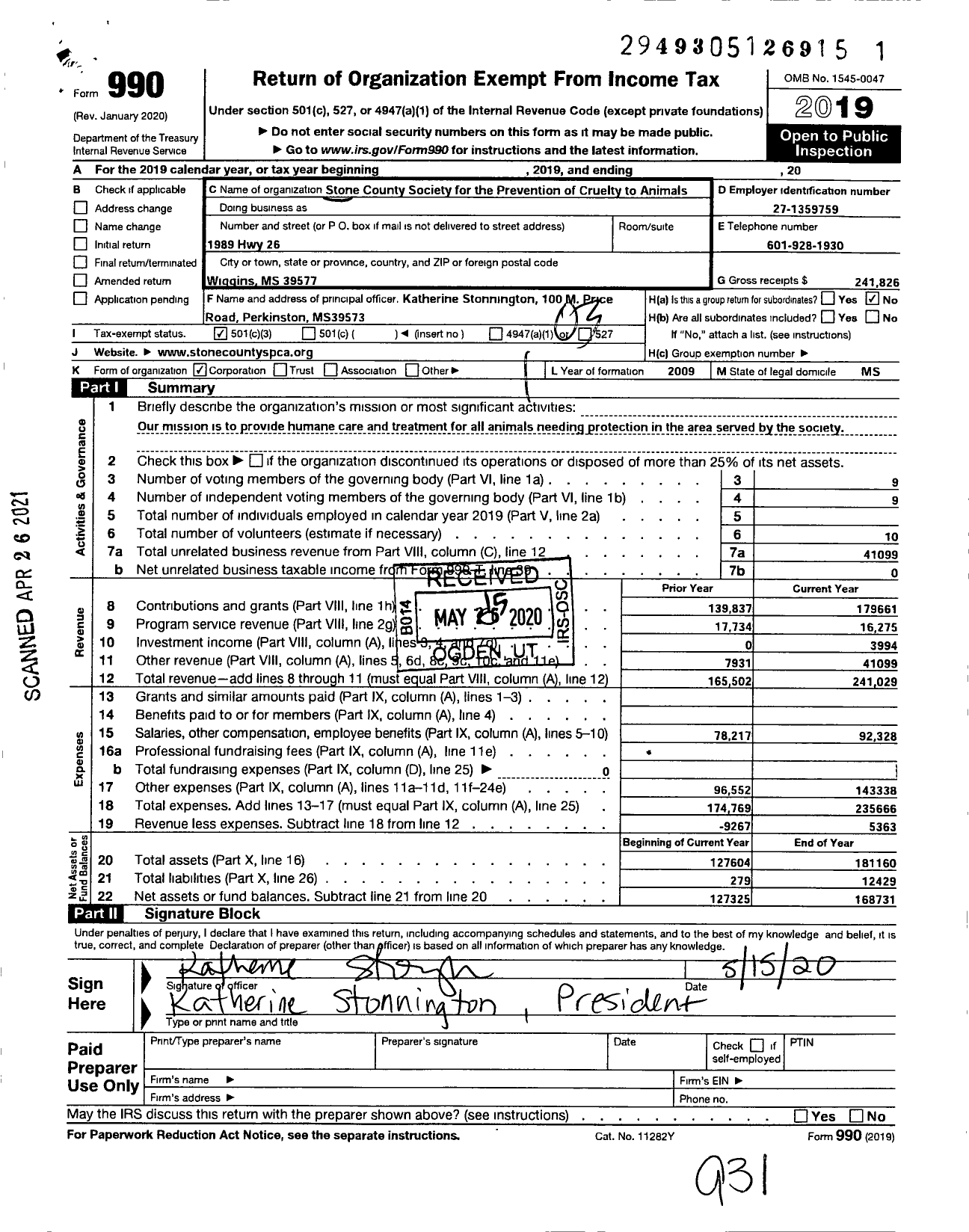 Image of first page of 2019 Form 990 for Stone County Society for the Prevention of Cruelty To Animals