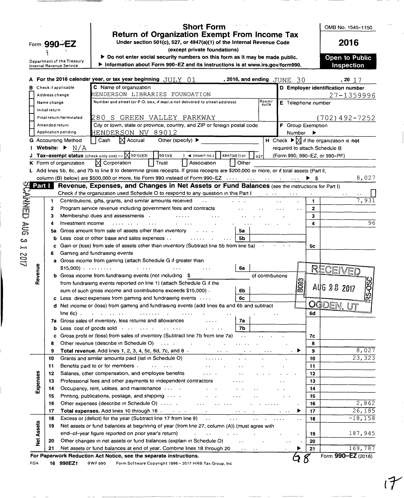 Image of first page of 2016 Form 990EZ for Henderson Libraries Foundation