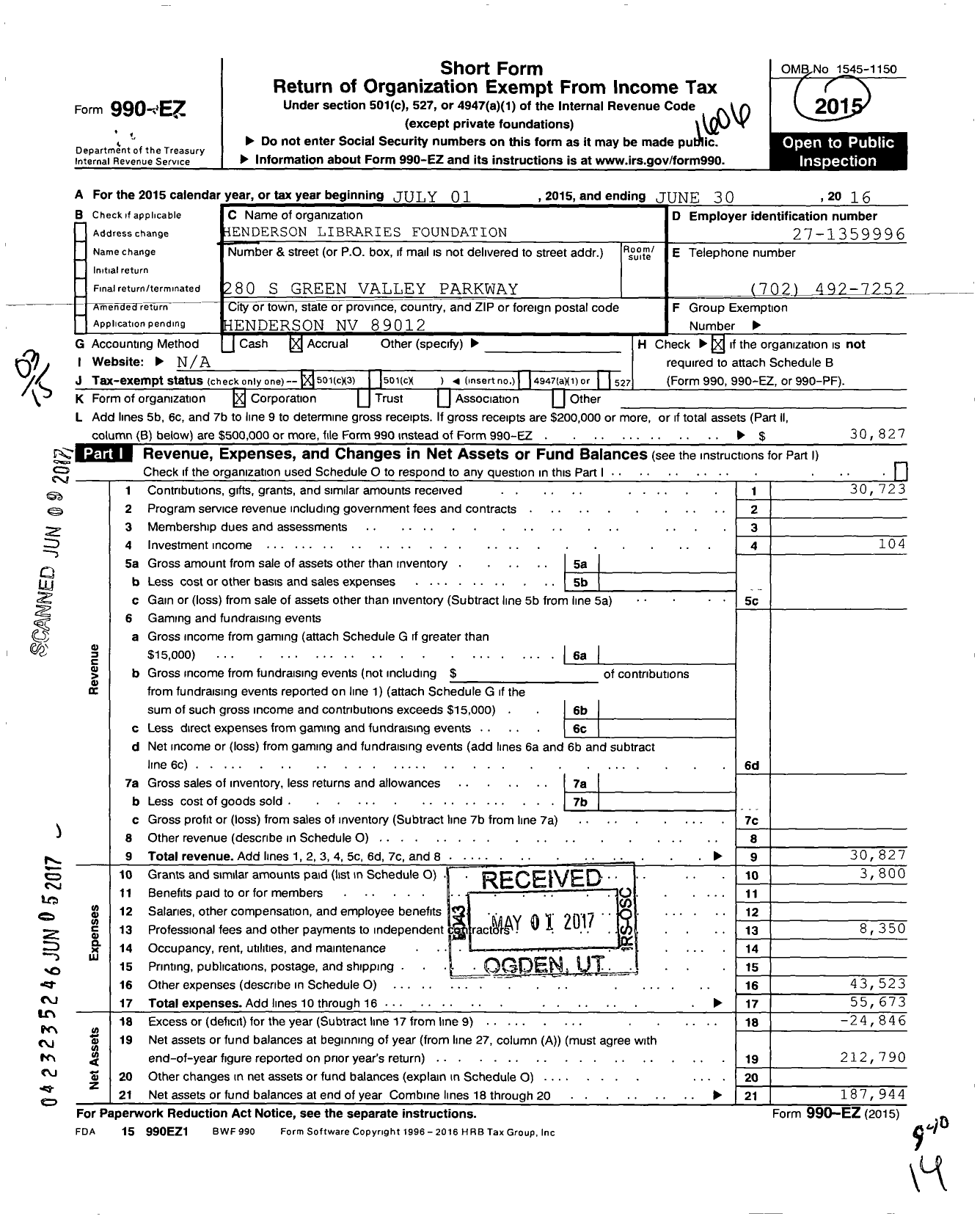 Image of first page of 2015 Form 990EZ for Henderson Libraries Foundation