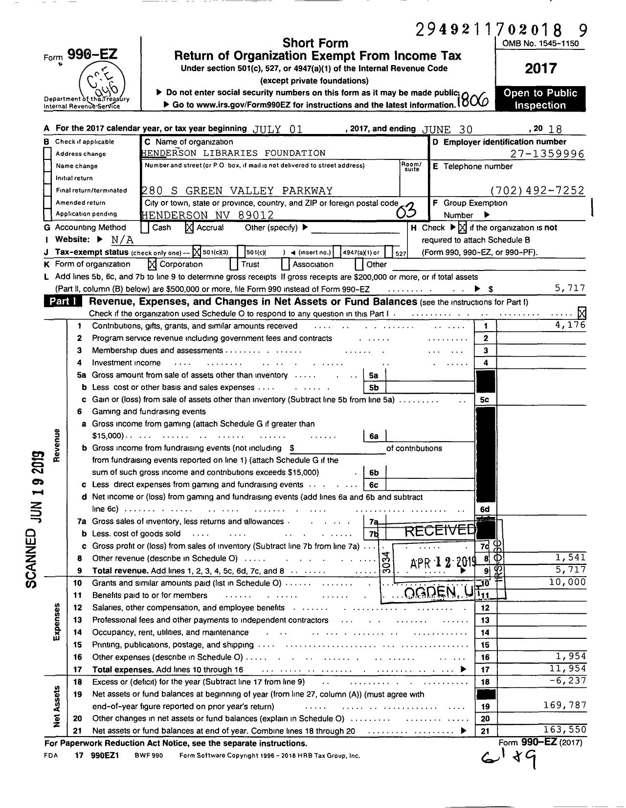 Image of first page of 2017 Form 990EZ for Henderson Libraries Foundation
