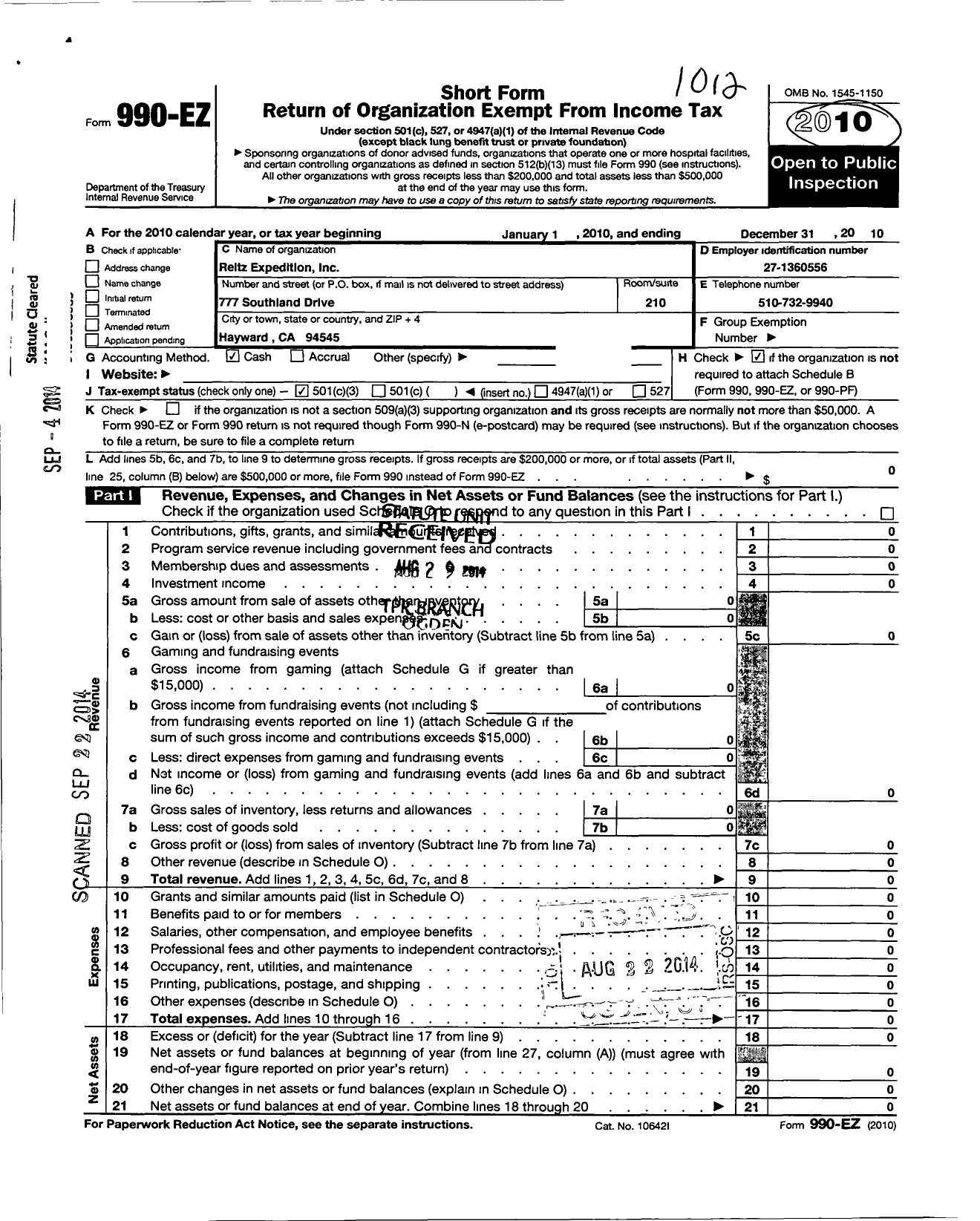 Image of first page of 2010 Form 990EZ for Reitz Expedition