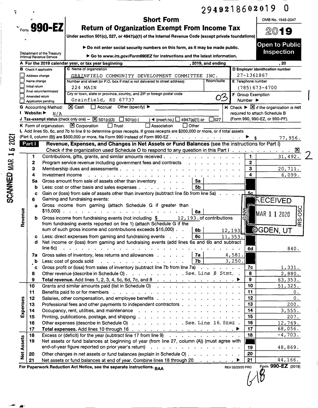 Image of first page of 2019 Form 990EZ for Grainfield Community Development Committee