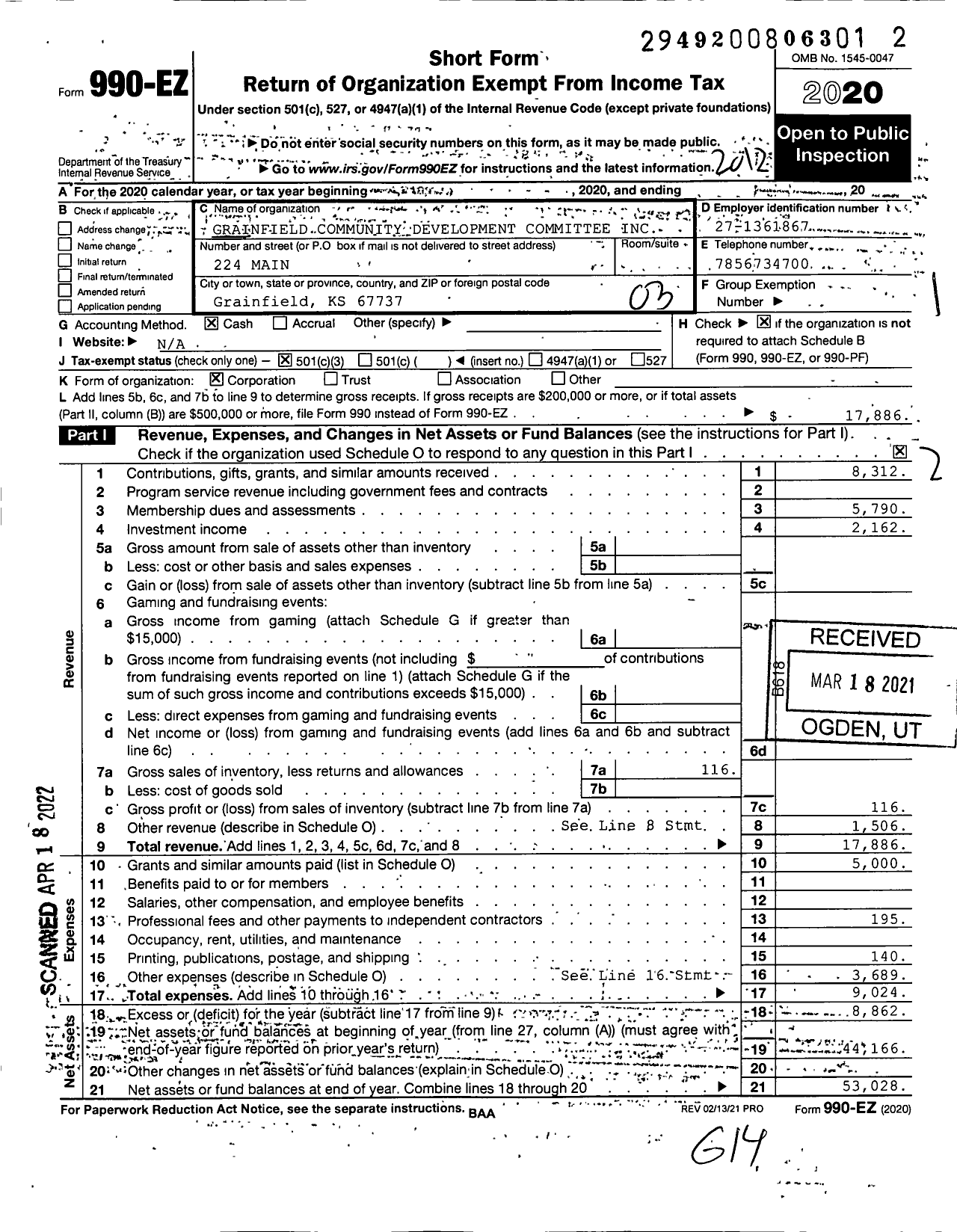 Image of first page of 2020 Form 990EZ for Grainfield Community Development Committee