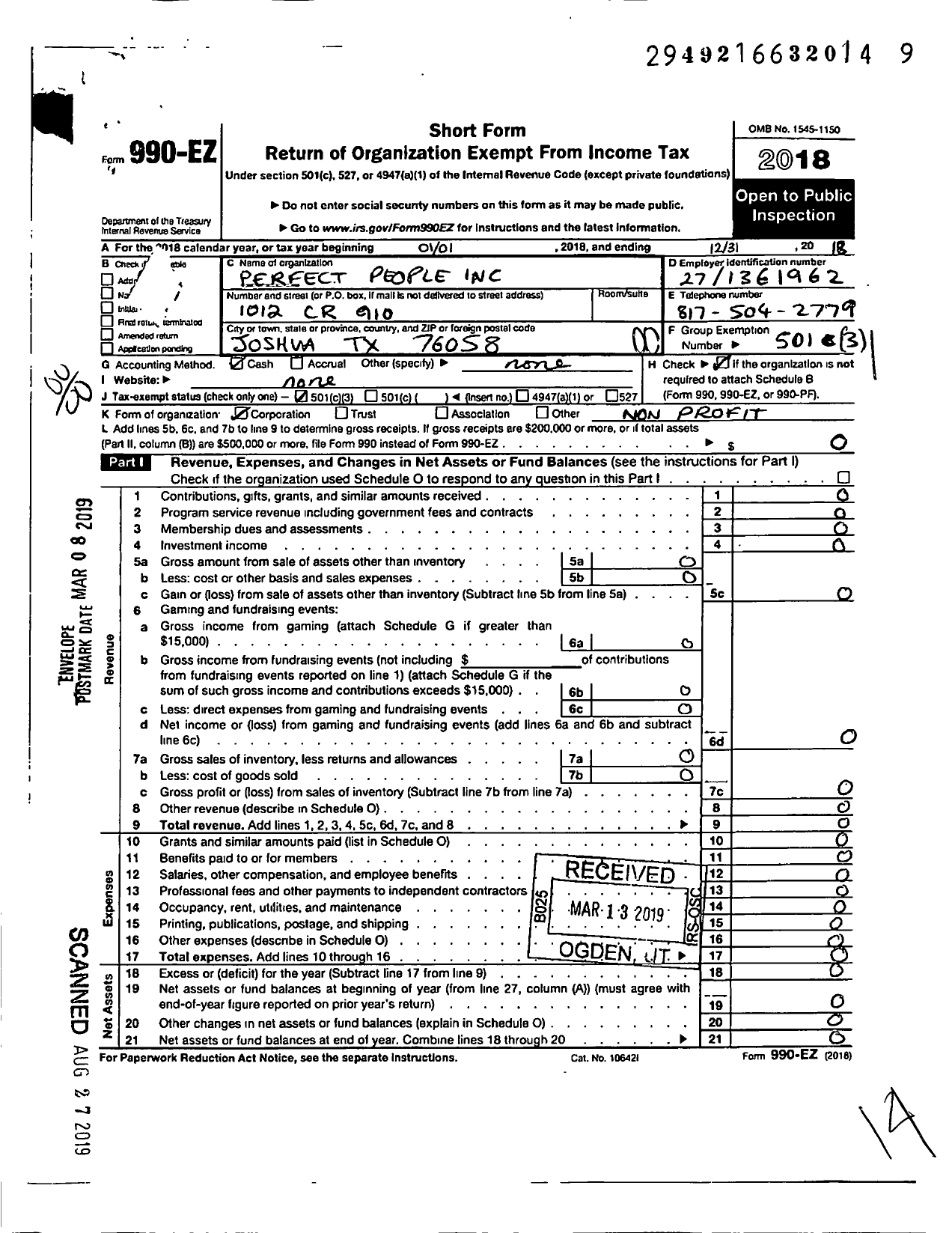 Image of first page of 2018 Form 990EO for Perfect People