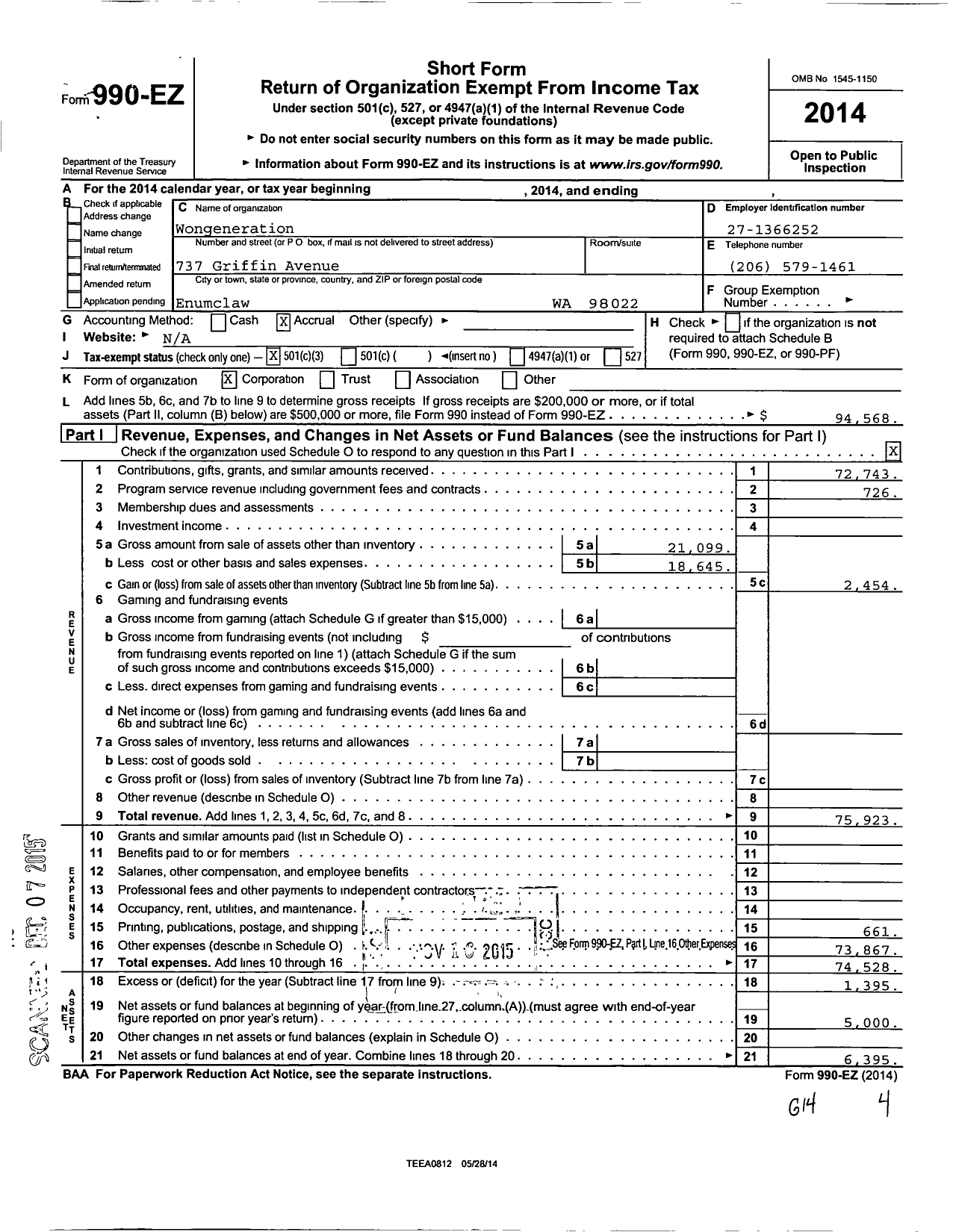 Image of first page of 2014 Form 990EZ for Wongeneration