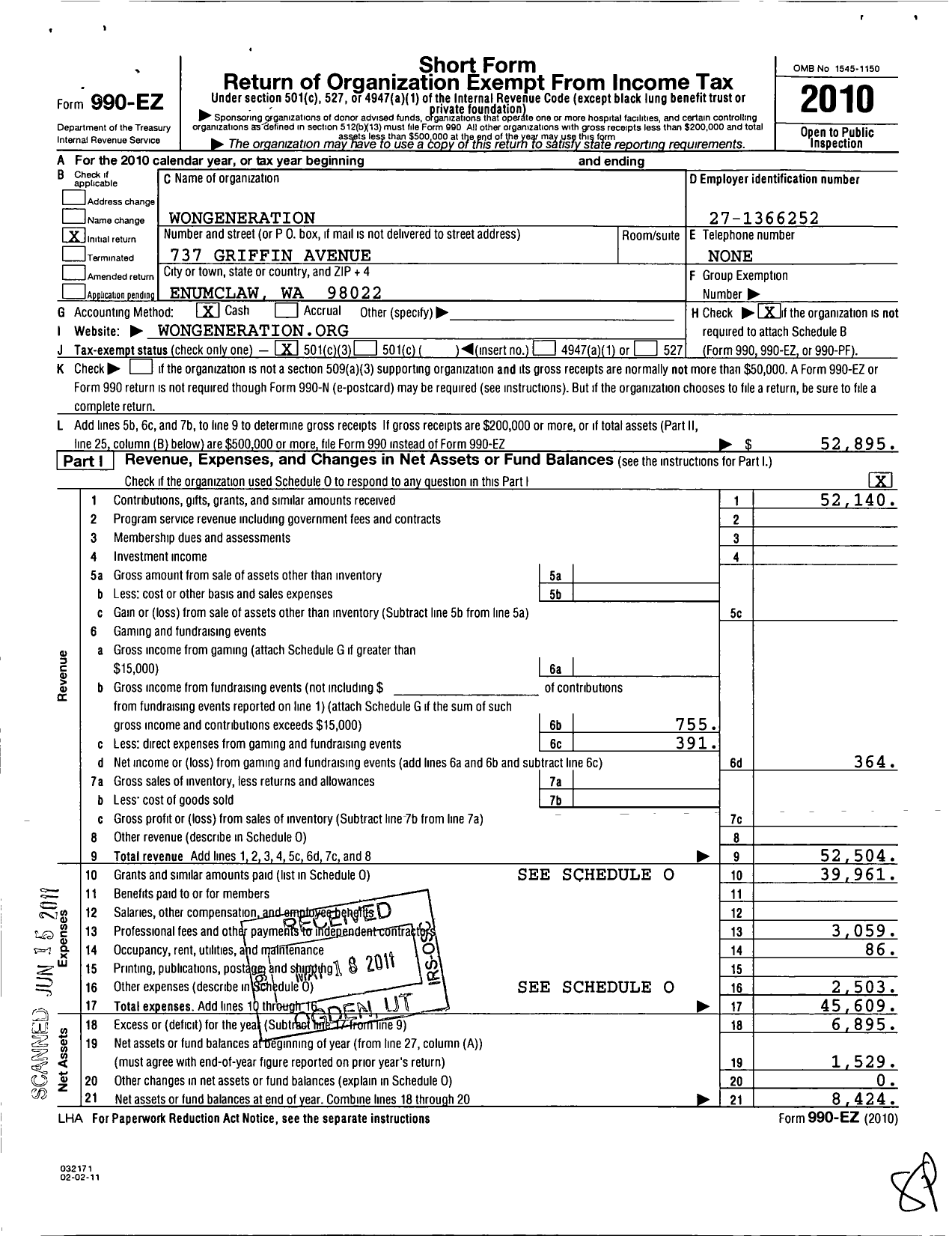 Image of first page of 2010 Form 990EZ for Wongeneration