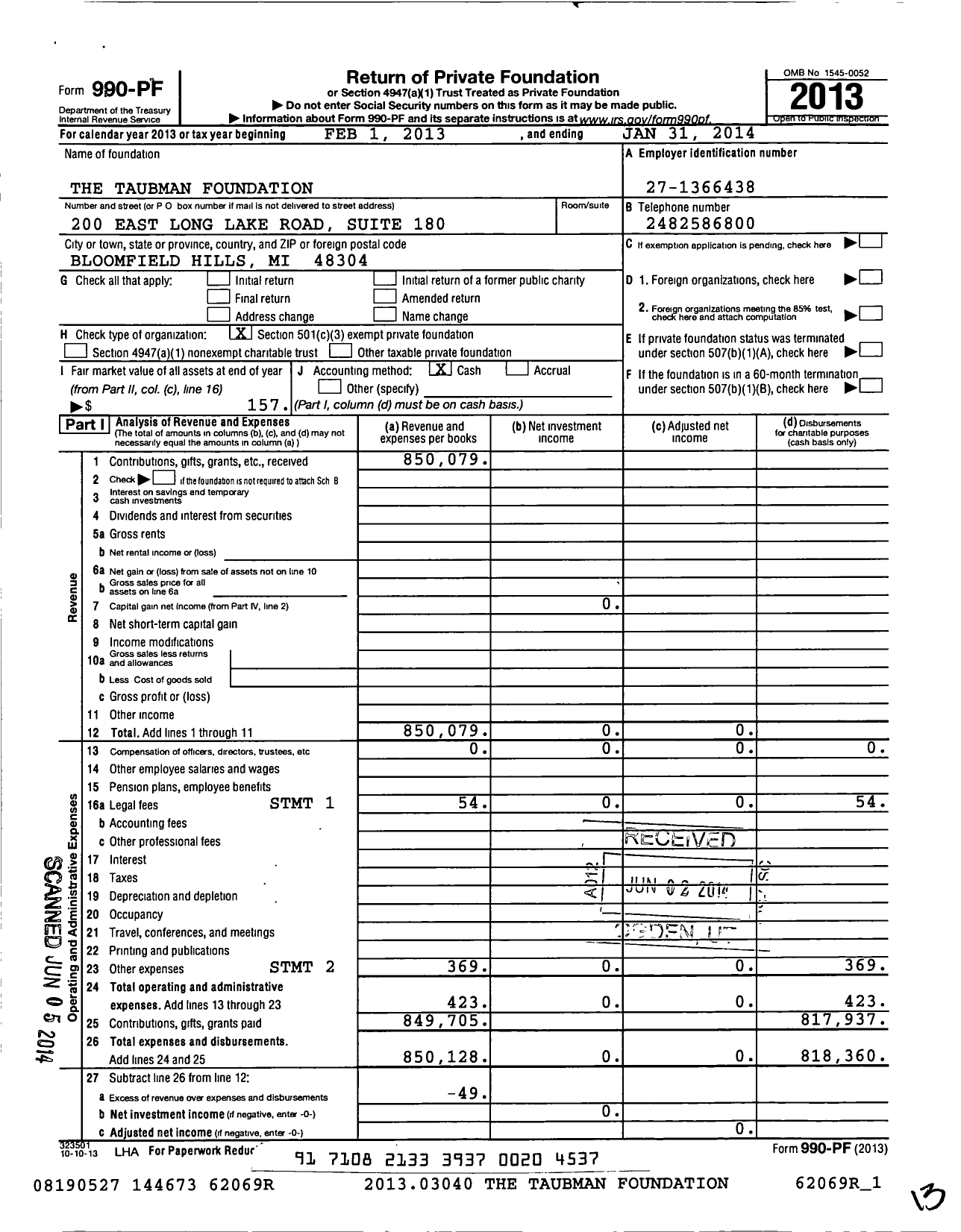 Image of first page of 2013 Form 990PF for The Taubman Foundation