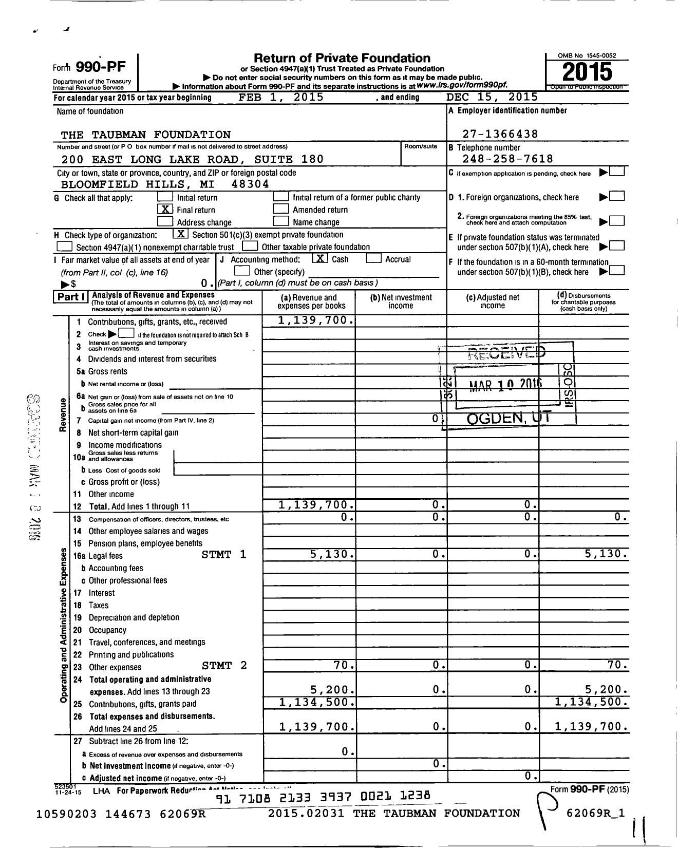 Image of first page of 2015 Form 990PF for The Taubman Foundation