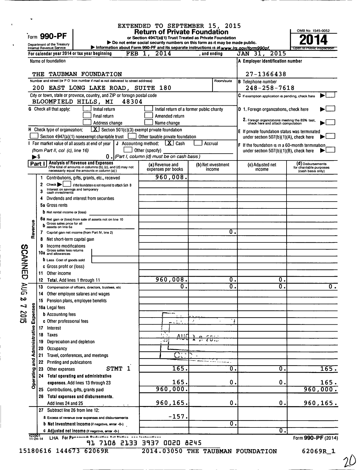 Image of first page of 2014 Form 990PF for The Taubman Foundation
