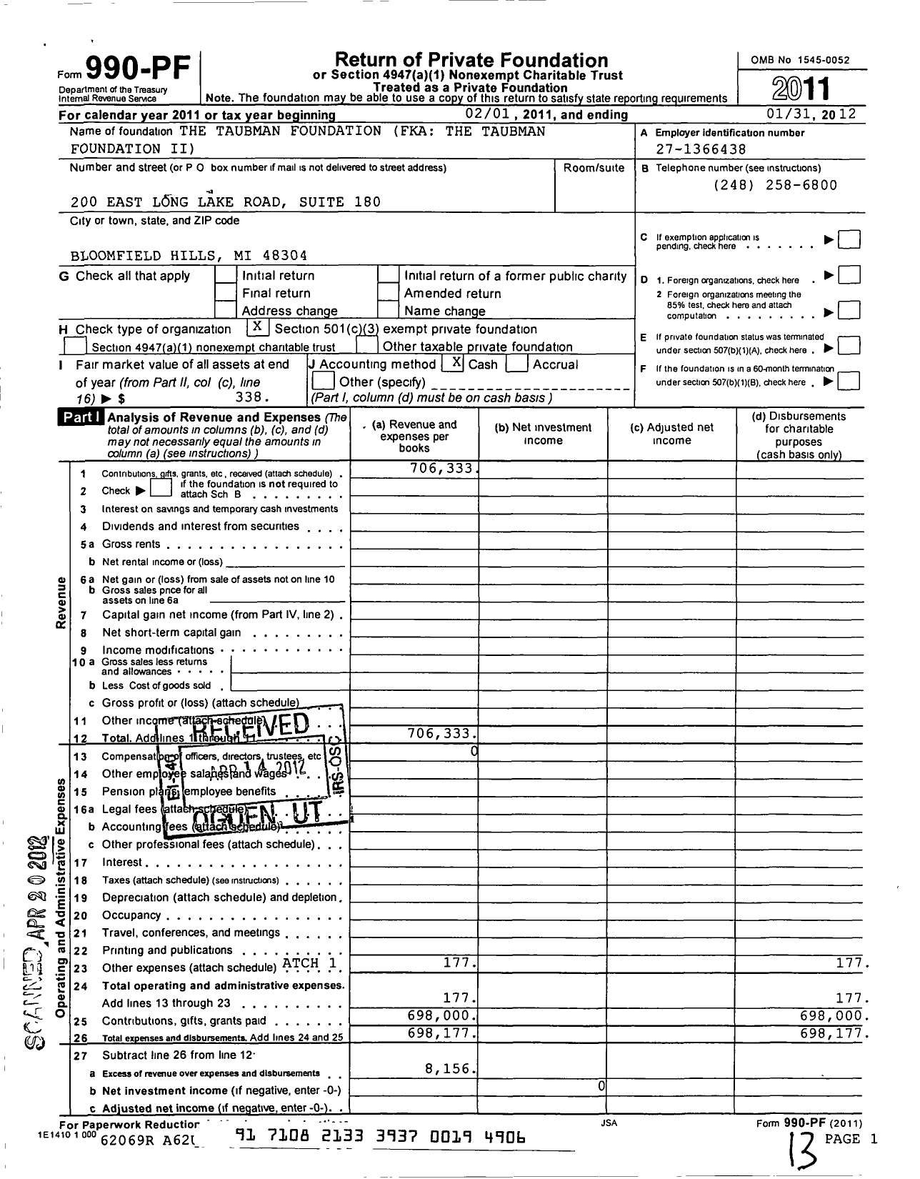 Image of first page of 2011 Form 990PF for The Taubman Foundation