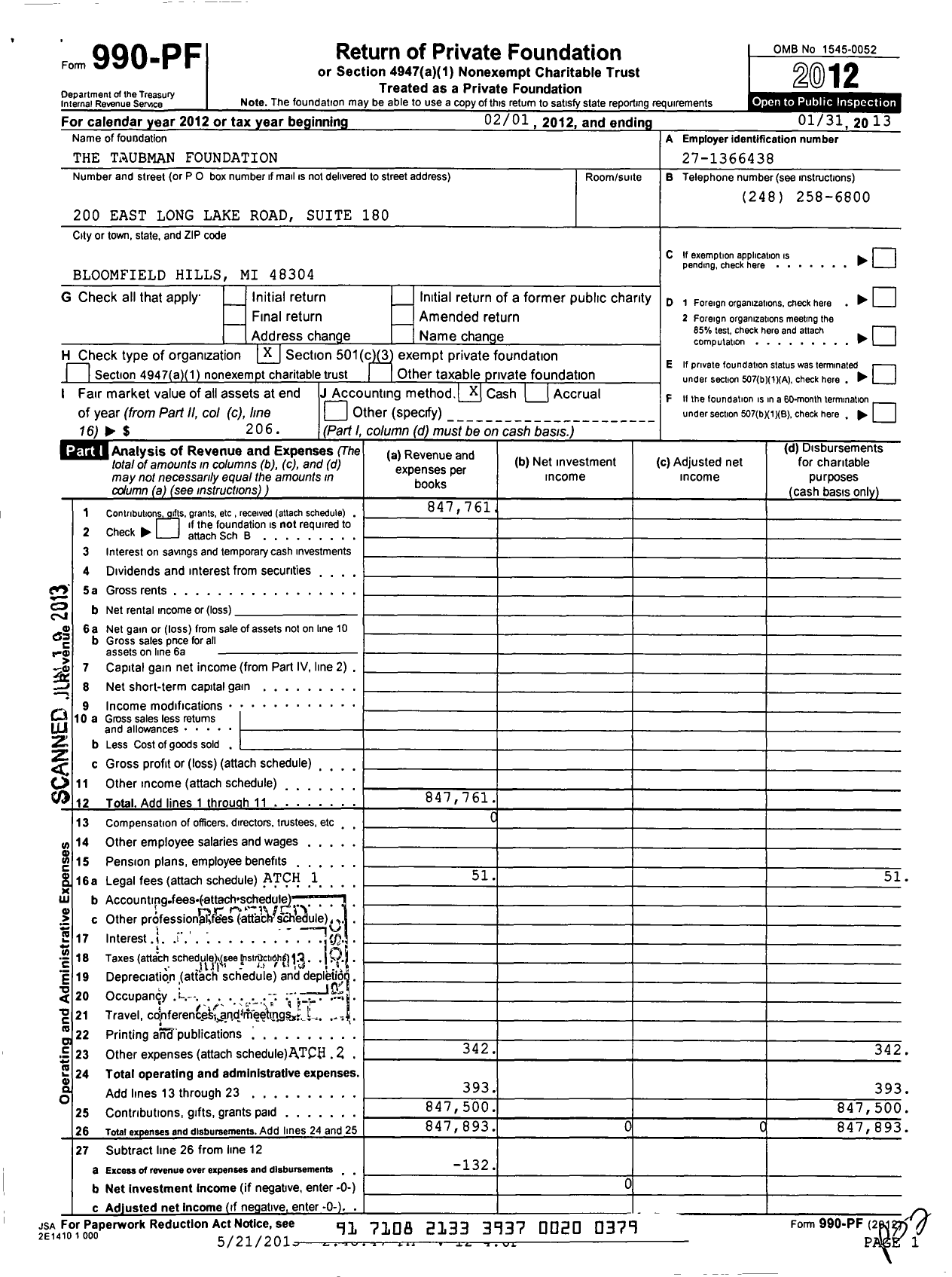 Image of first page of 2012 Form 990PF for The Taubman Foundation