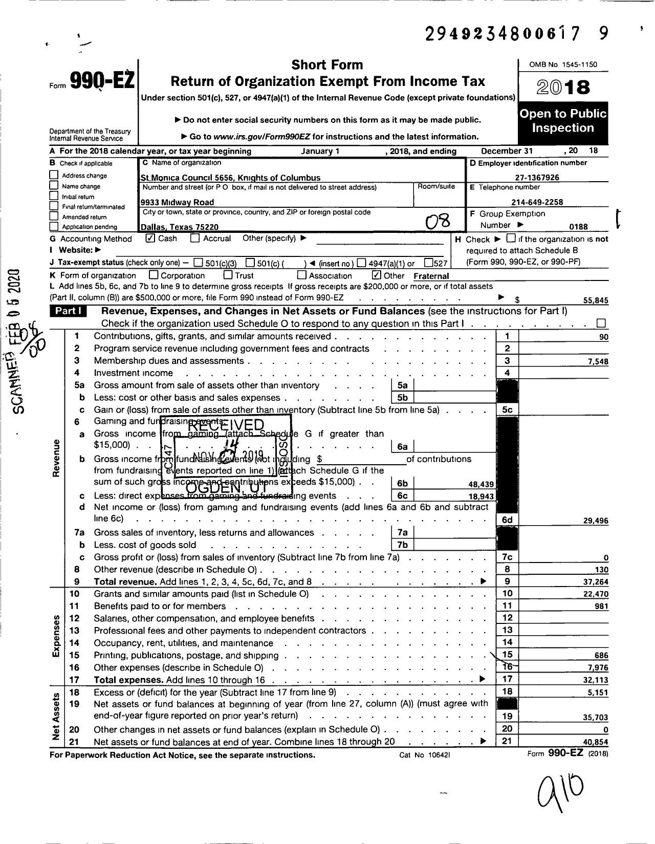 Image of first page of 2018 Form 990EO for Knights of Columbus - 5656 St Monicas Council