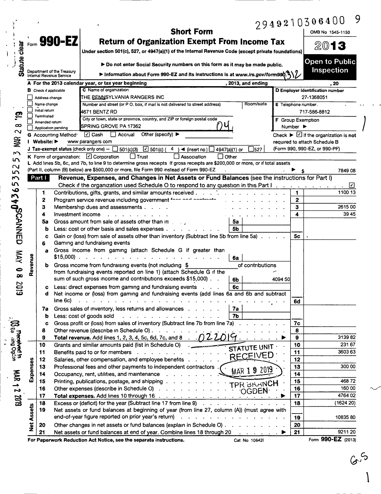 Image of first page of 2013 Form 990EO for Pennsylvania Rangers