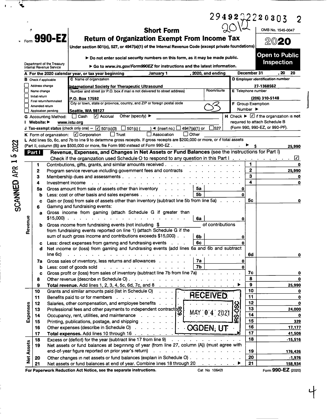 Image of first page of 2020 Form 990EZ for International Society for Therapeutic Ultrasound