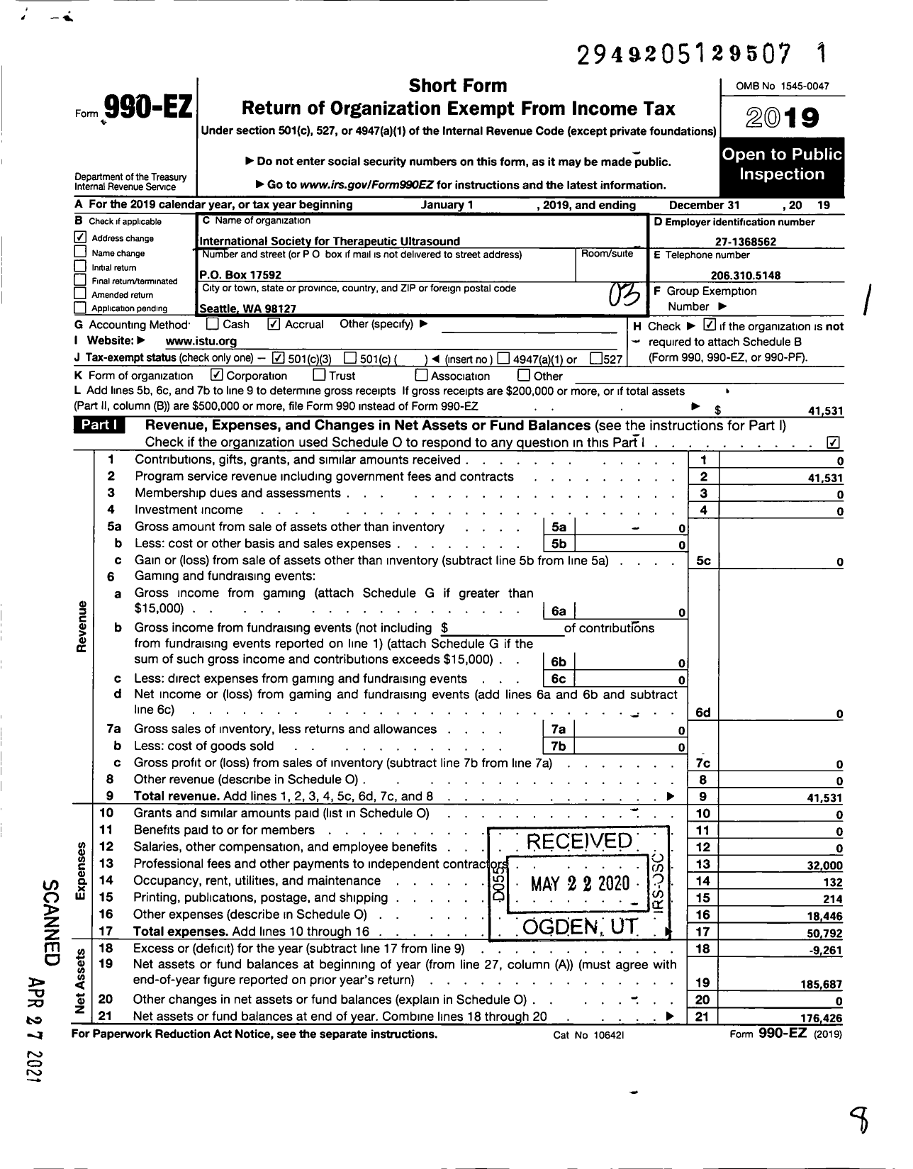 Image of first page of 2019 Form 990EZ for International Society for Therapeutic Ultrasound