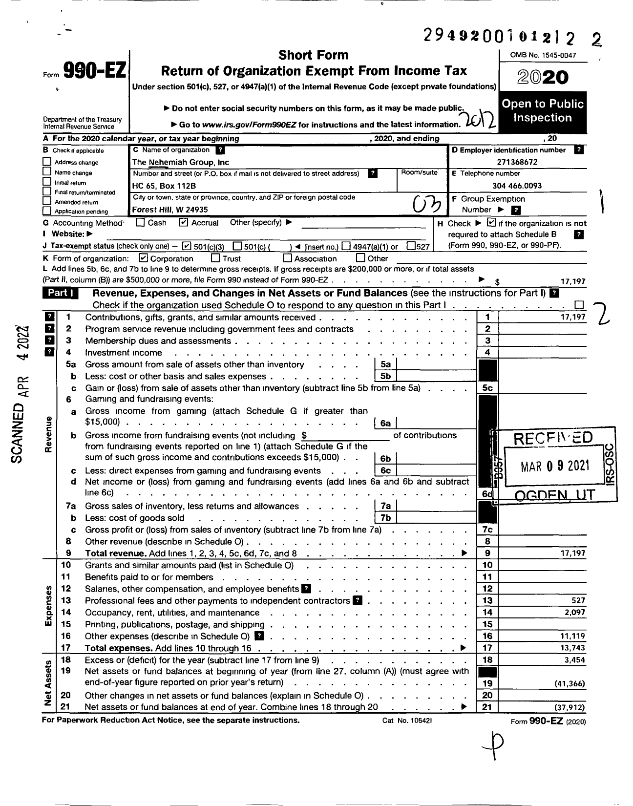 Image of first page of 2020 Form 990EZ for Nehemiah Group