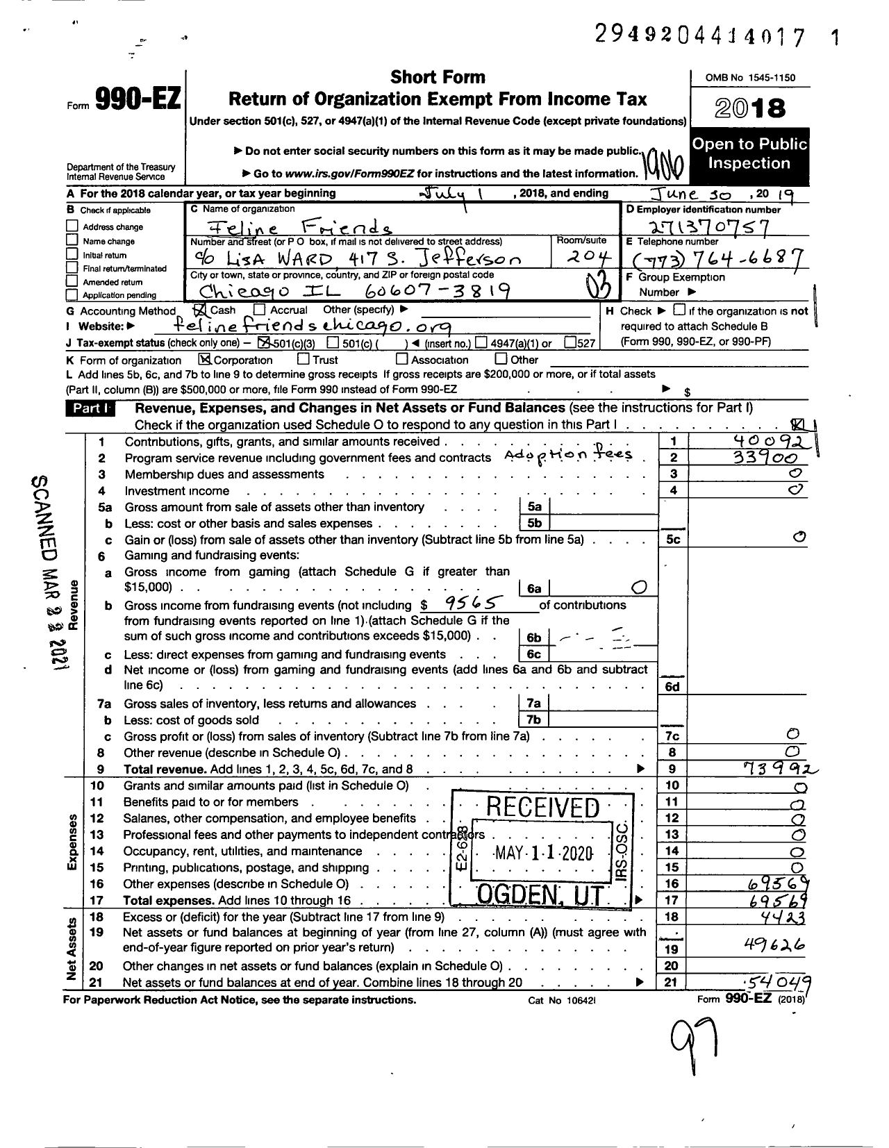 Image of first page of 2018 Form 990EZ for Feline Friends