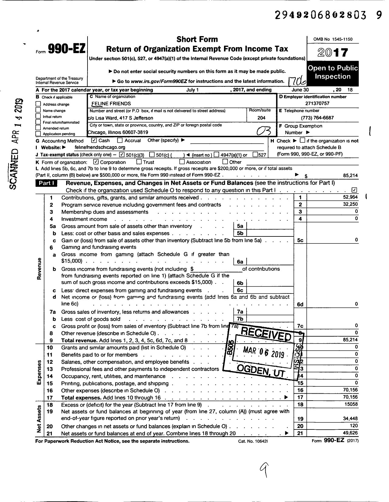 Image of first page of 2016 Form 990EZ for Feline Friends