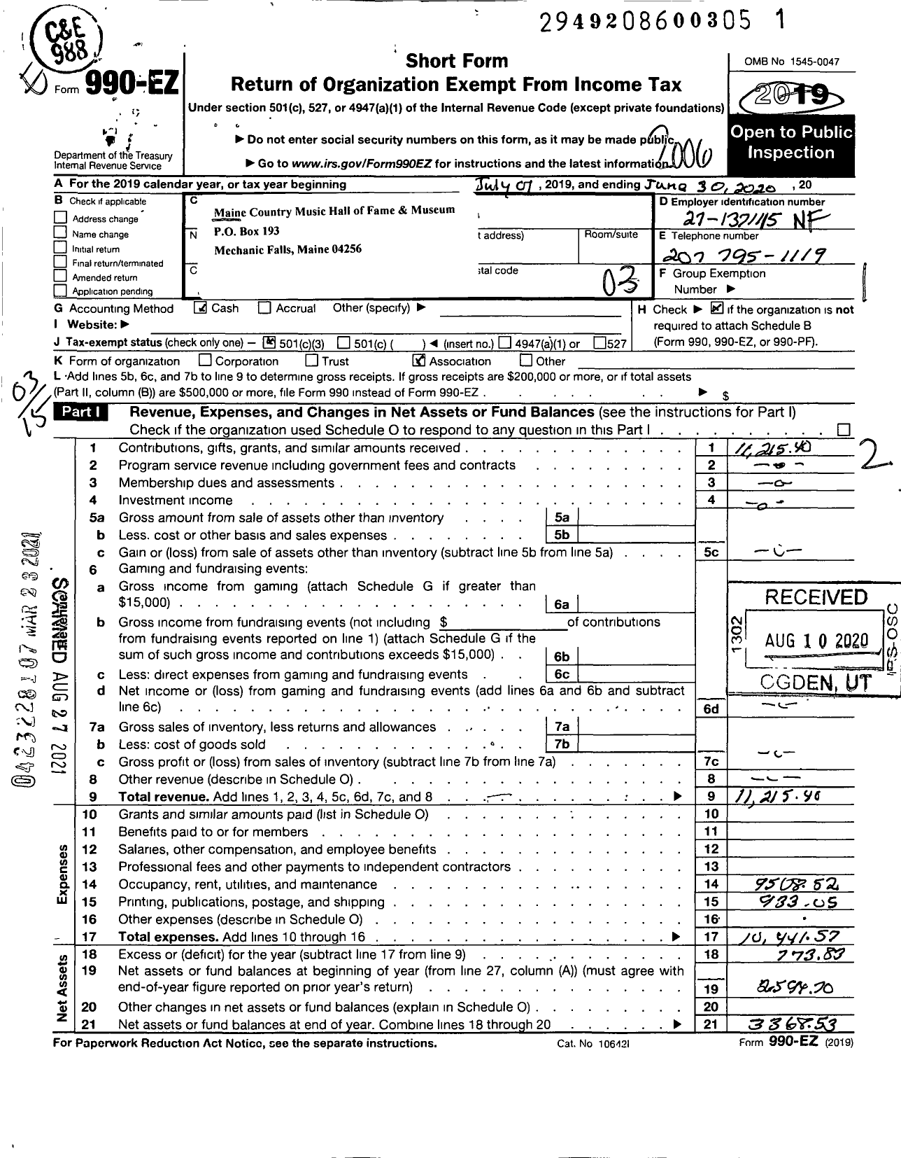 Image of first page of 2019 Form 990EZ for Maine Country Music Hall of Fame and Museum