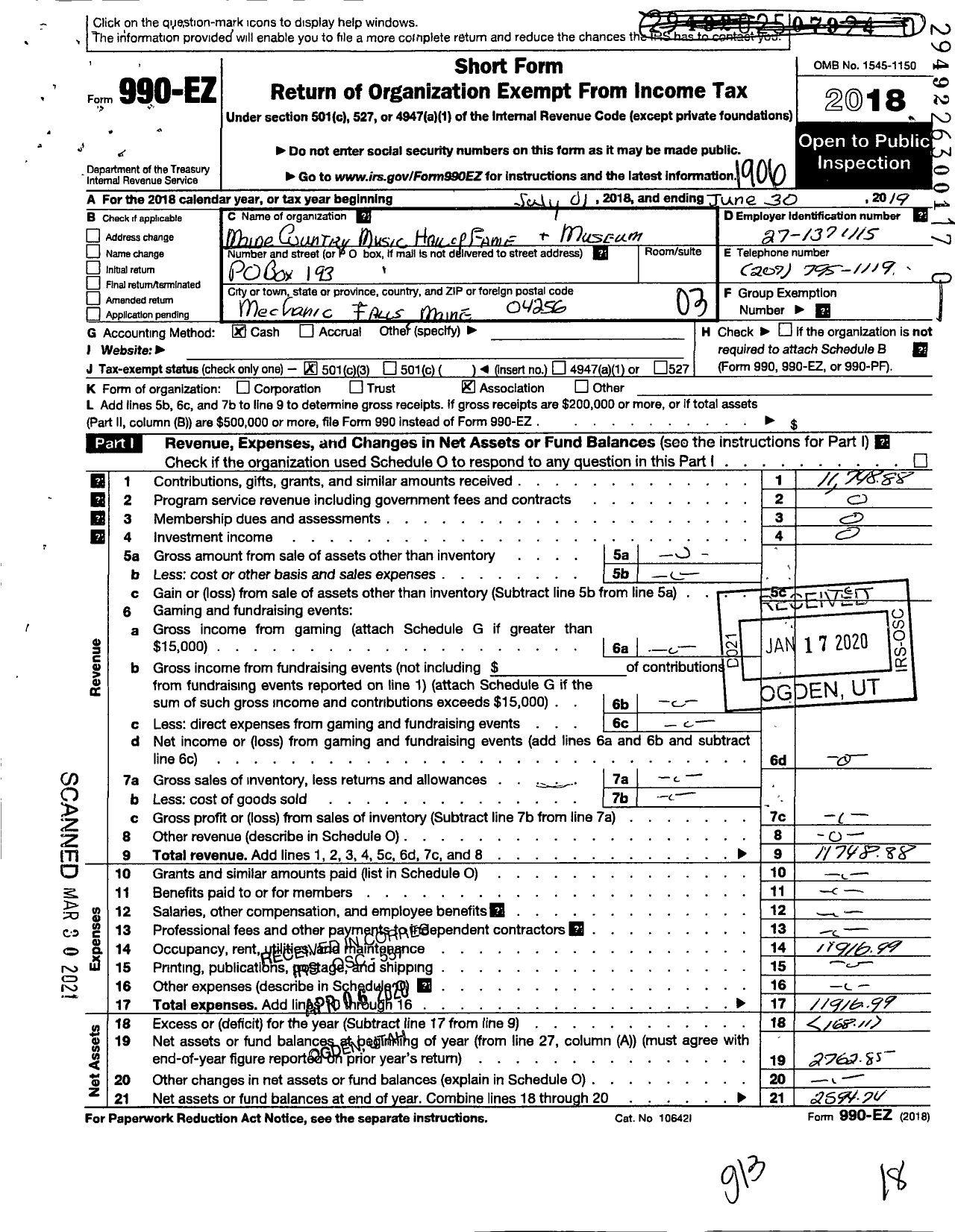 Image of first page of 2018 Form 990EZ for Maine Country Music Hall of Fame and Museum