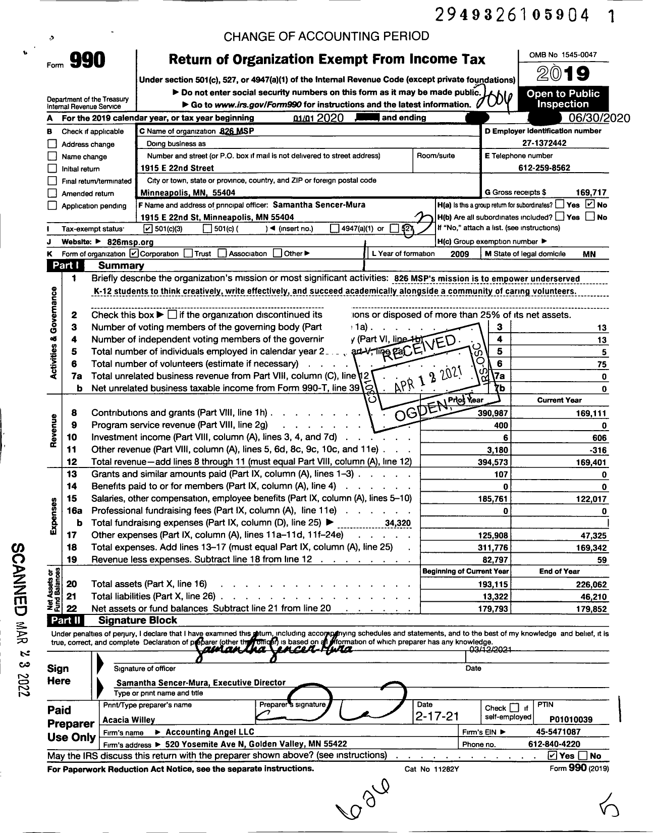 Image of first page of 2019 Form 990 for 826 MSP