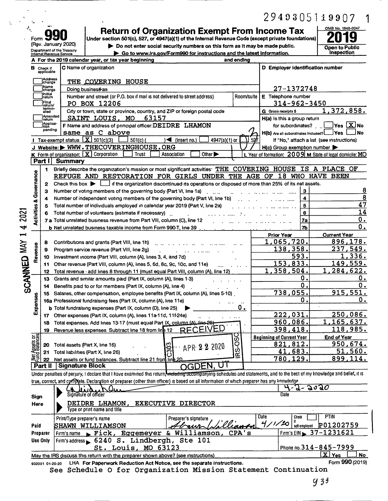 Image of first page of 2019 Form 990 for The Covering House