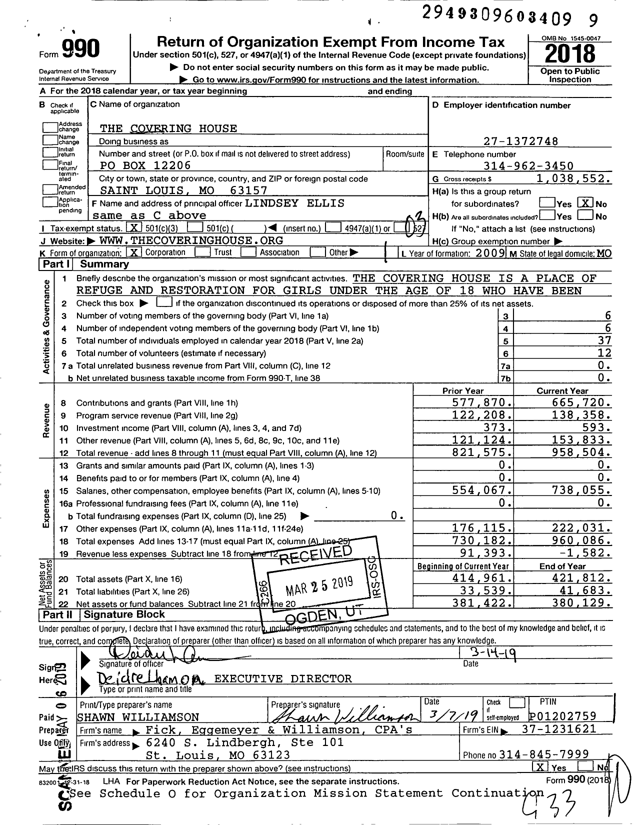 Image of first page of 2018 Form 990 for The Covering House