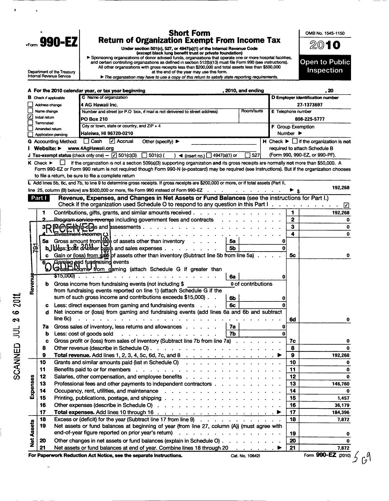 Image of first page of 2010 Form 990EZ for 4 Ag Hawaii